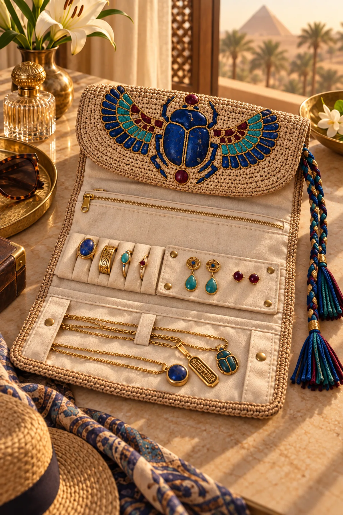 Egyptian inspired crochet jewelry roll open beside rings and necklaces on a travel vanity
