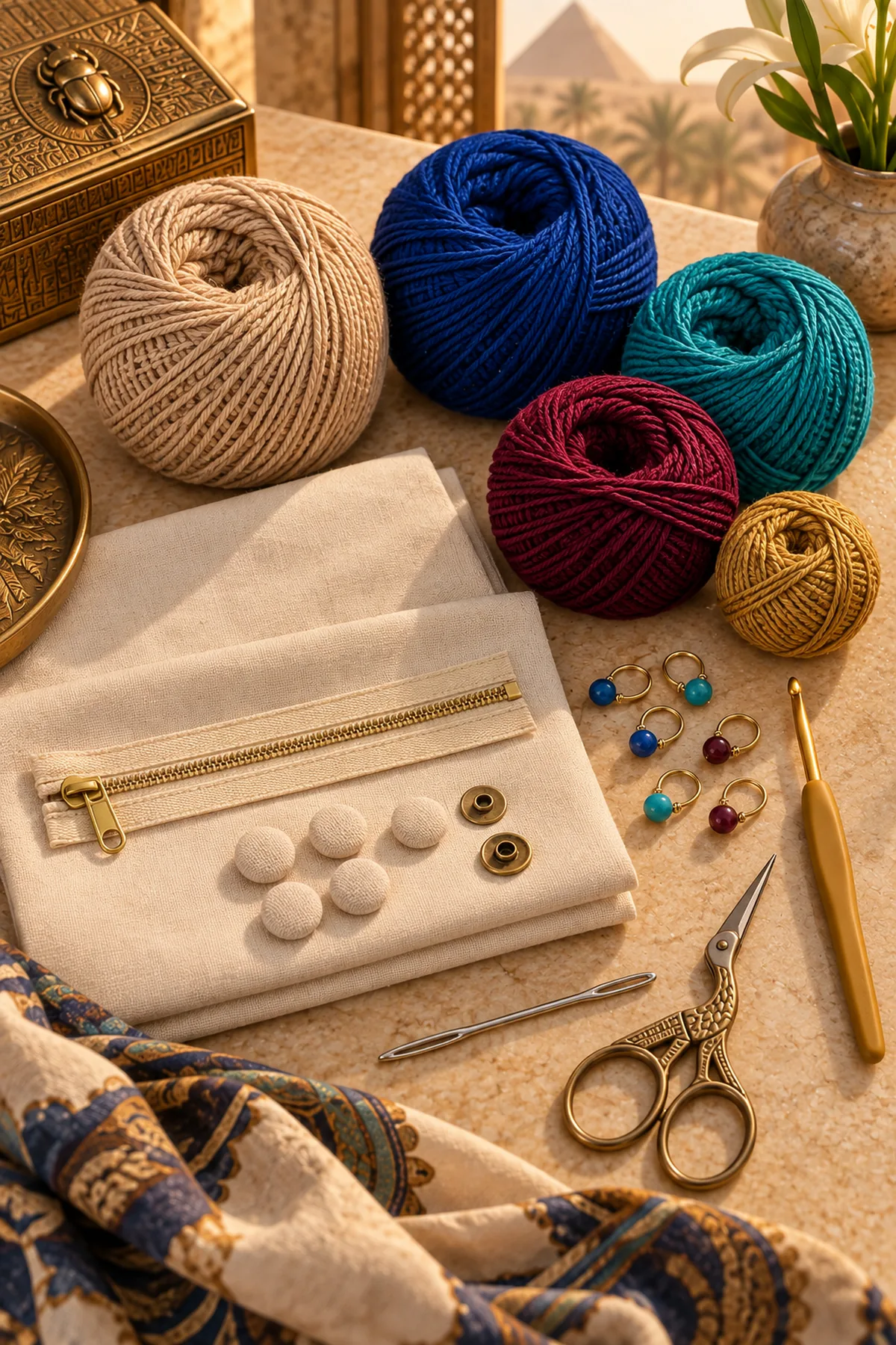 Sand lapis turquoise gold and burgundy sport yarn hook lining zipper snaps markers needle and scissors