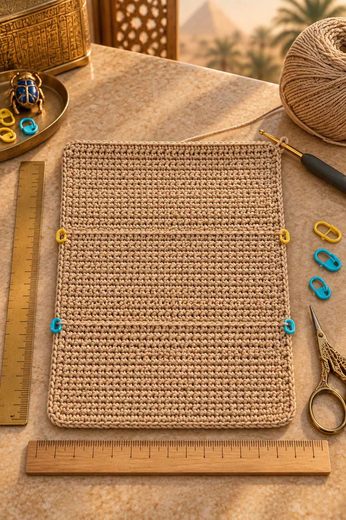 Sand 45 stitch jewelry roll foundation with three fold sections marked