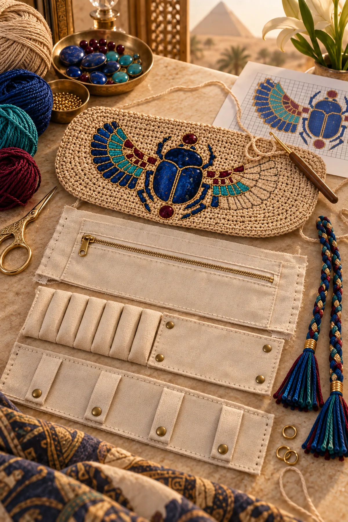 Crochet jewelry roll panel midway through mirrored lapis turquoise and gold scarab chart