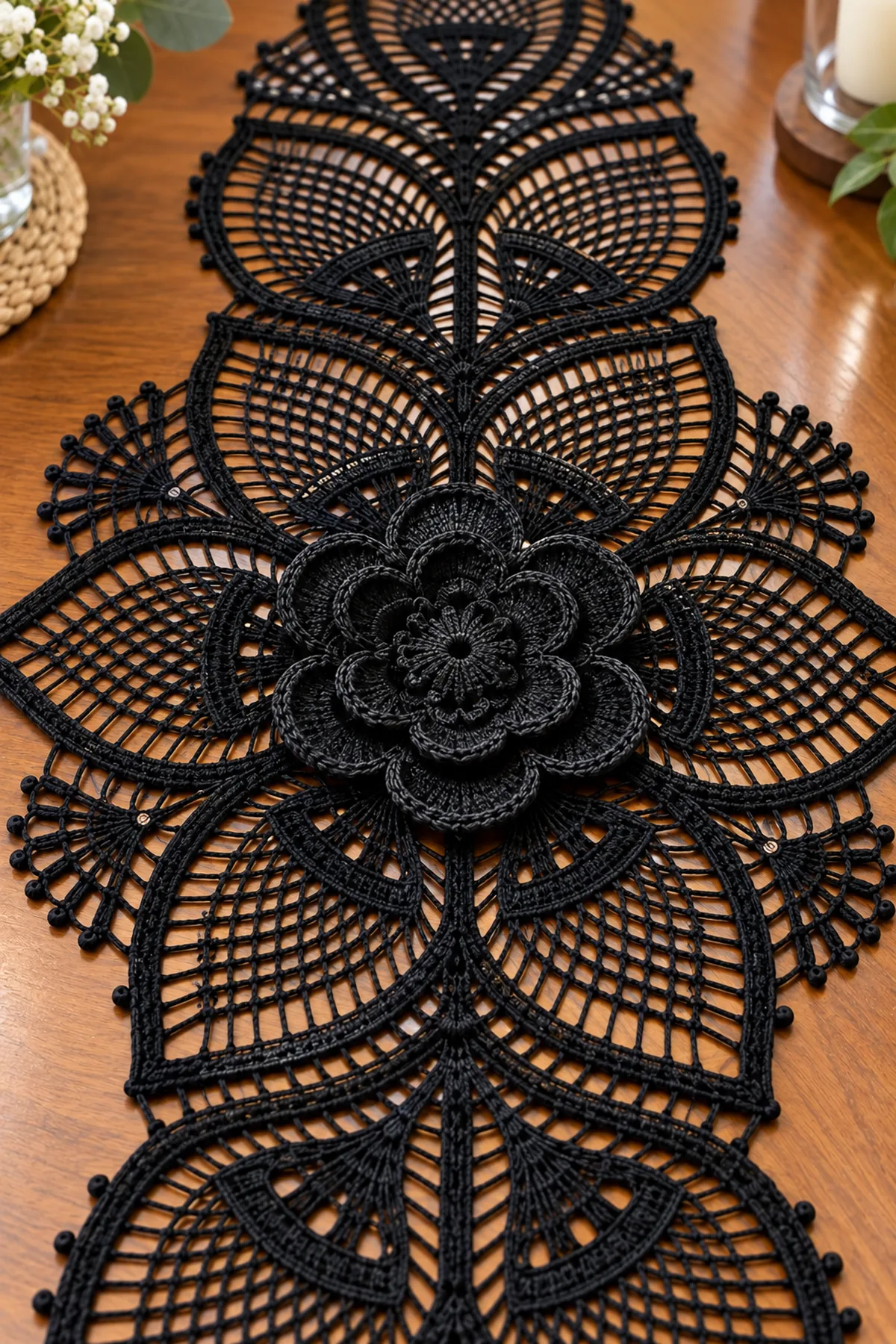 Close-up of black Irish crochet rose mesh leaf picots and padded cord outline