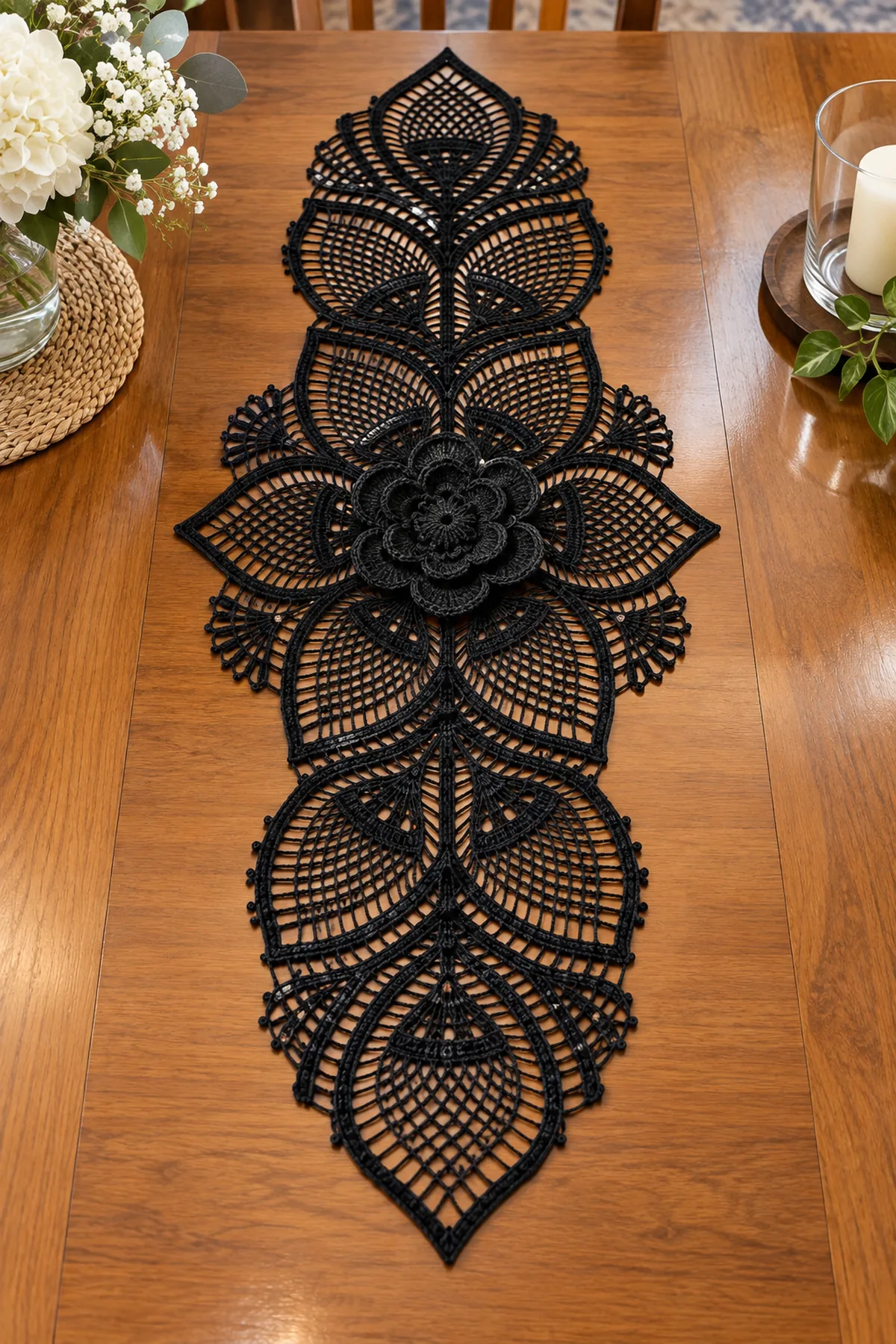 Finished elegant black crochet lace floral table runner with layered rose and pointed leaves