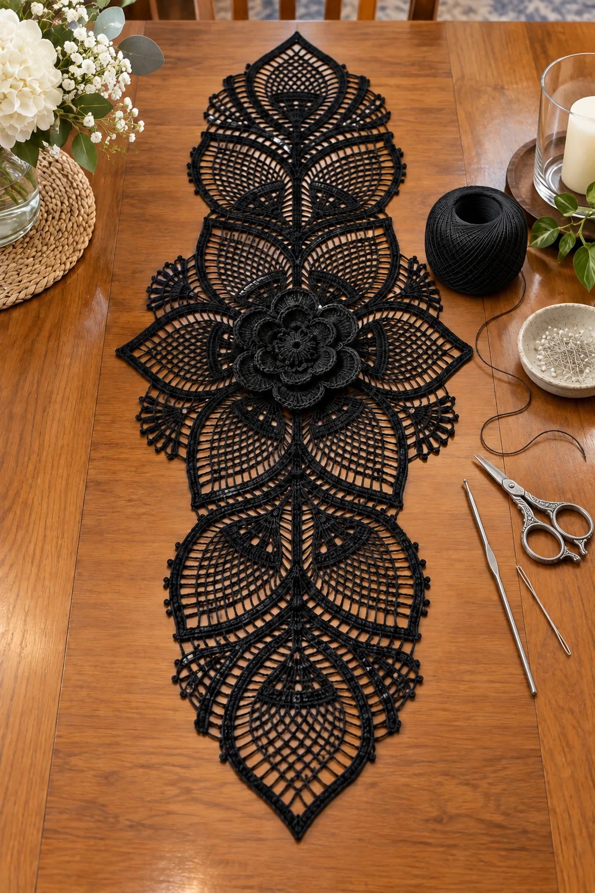 Black mercerized cotton thread fine crochet hook markers scissors needle and blocking pins