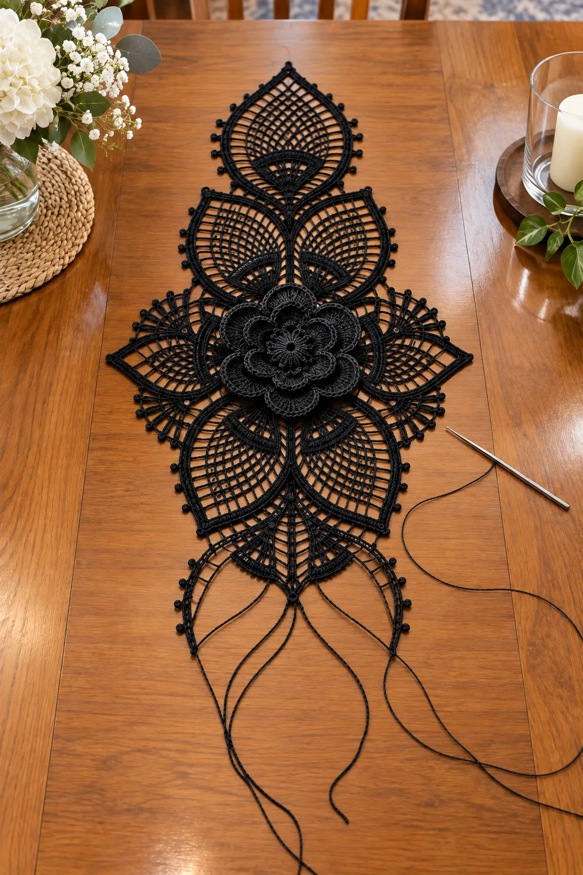 Black crochet layered rose and first pointed mesh leaf motifs in progress