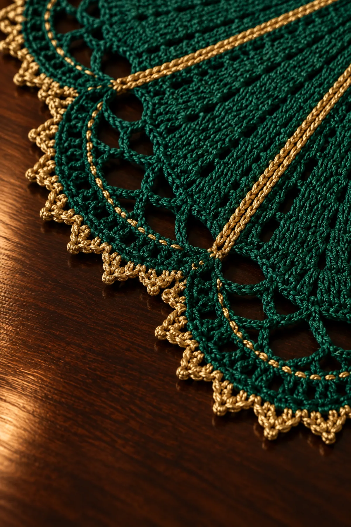Close-up of gold surface rib emerald fan lace and stepped picot edge
