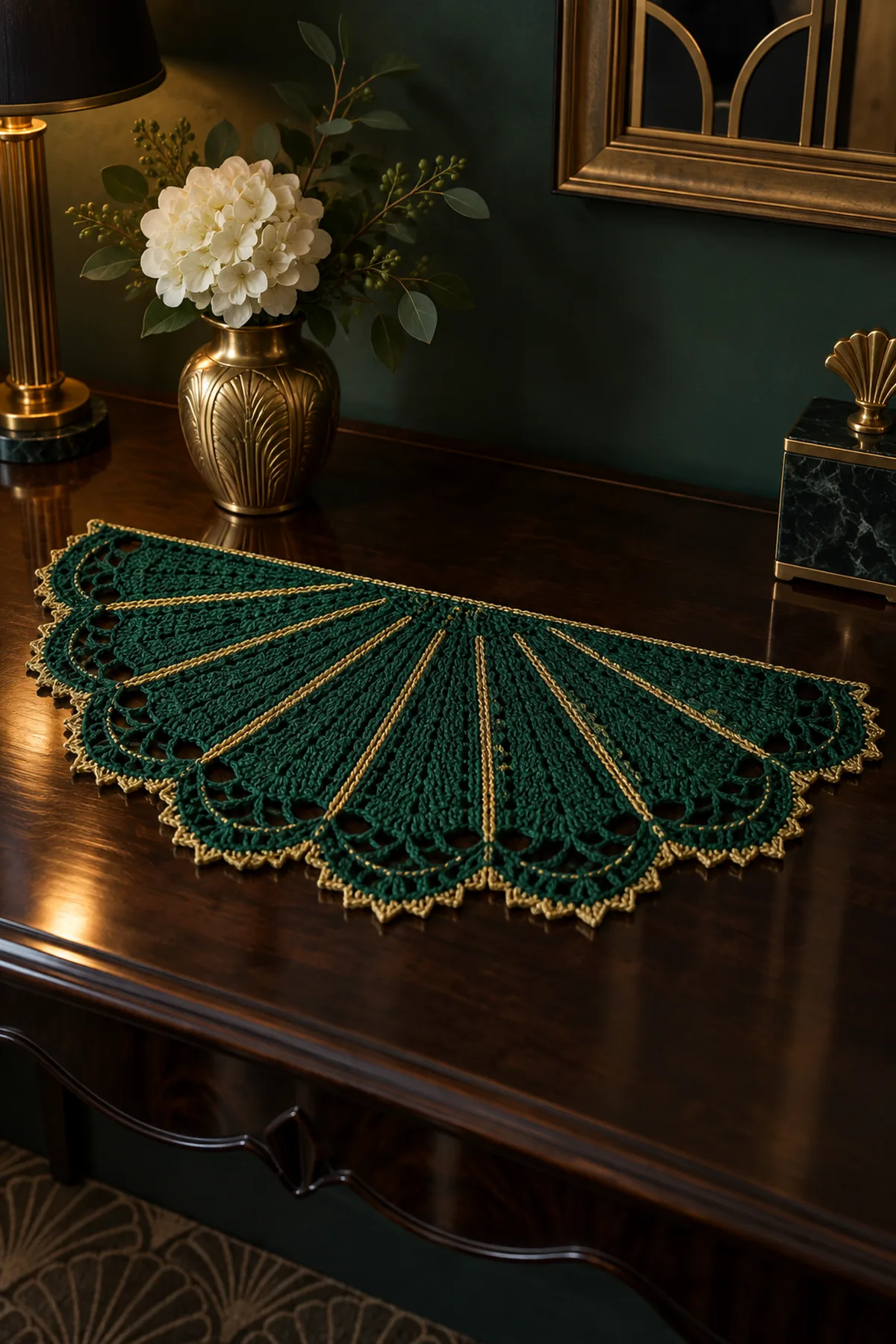 Finished emerald semicircular crochet Art Deco fan table mat with gold ribs