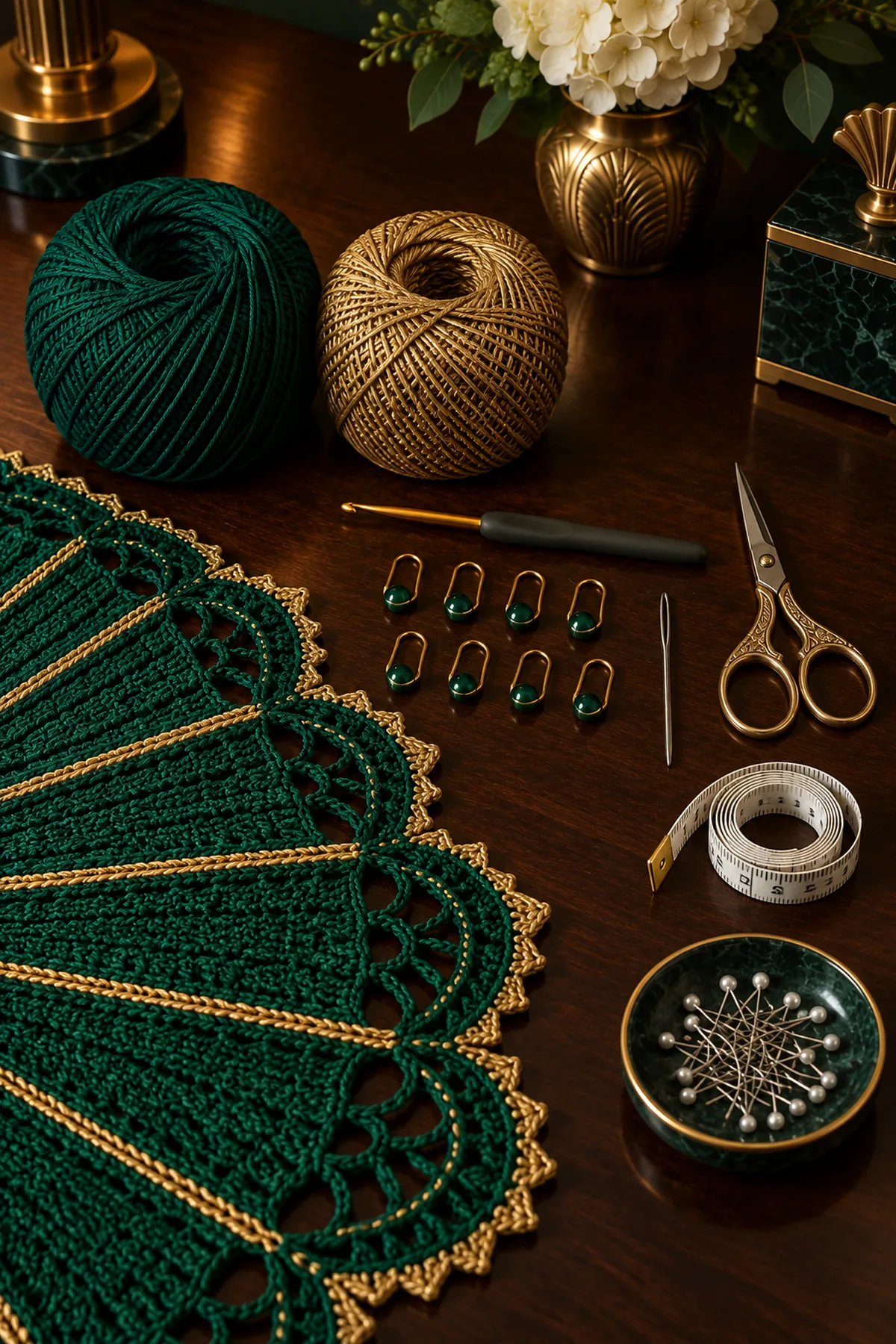 Emerald and antique gold sport cotton crochet hook markers needle scissors and blocking pins