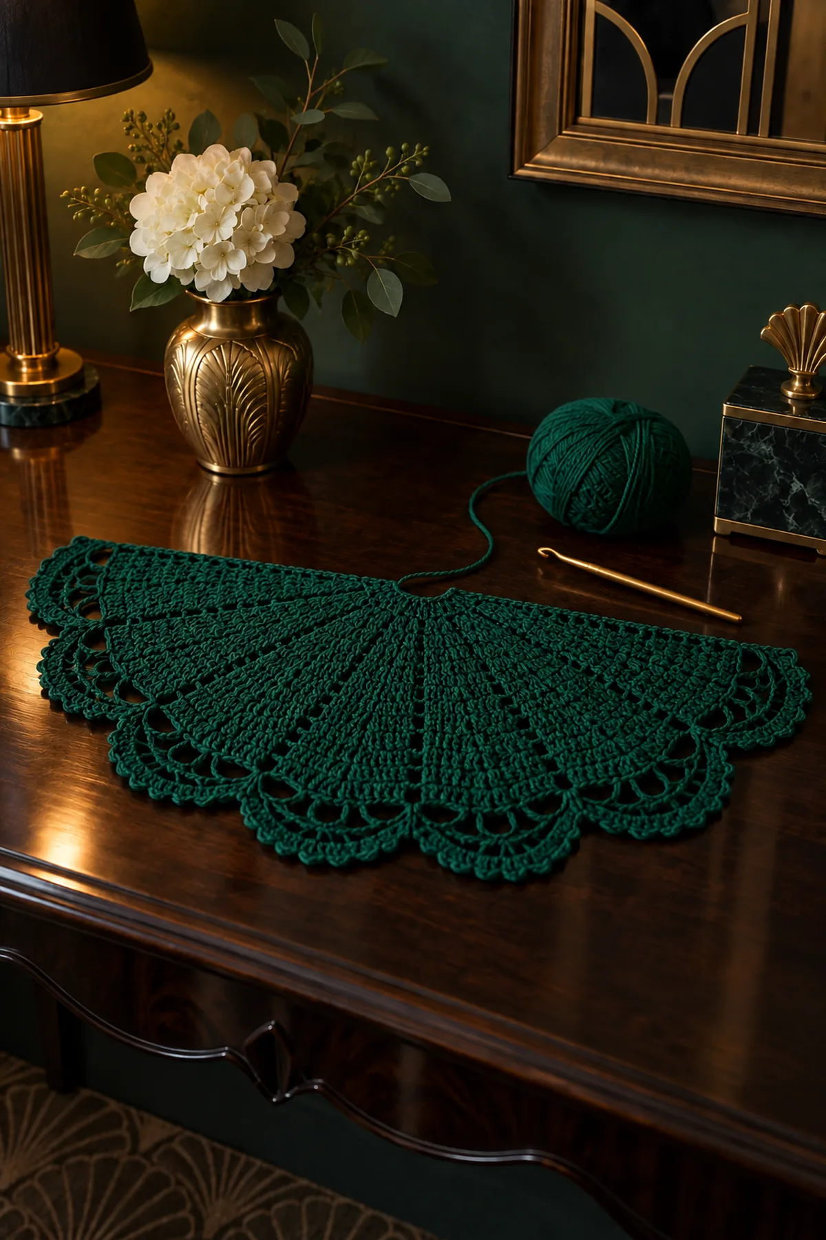 Emerald crochet half circle after six marked fan shaping rows