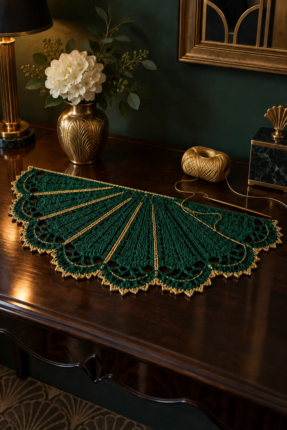 Semicircular emerald mat with eight panels and outer chain arches in progress