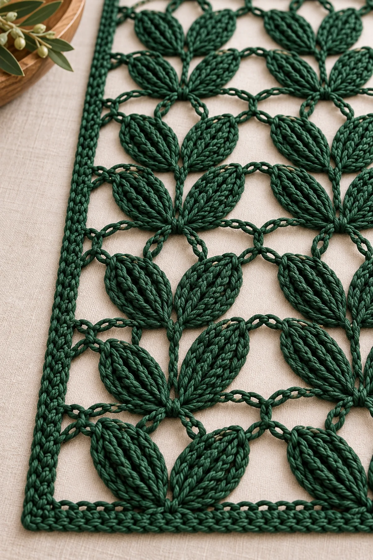 Close-up of paired evergreen treble cluster leaves chain arches and framed border