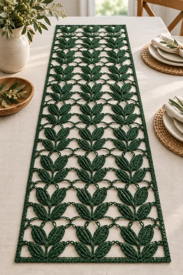 Finished deep evergreen crochet leaf lace table runner with four openwork motif columns