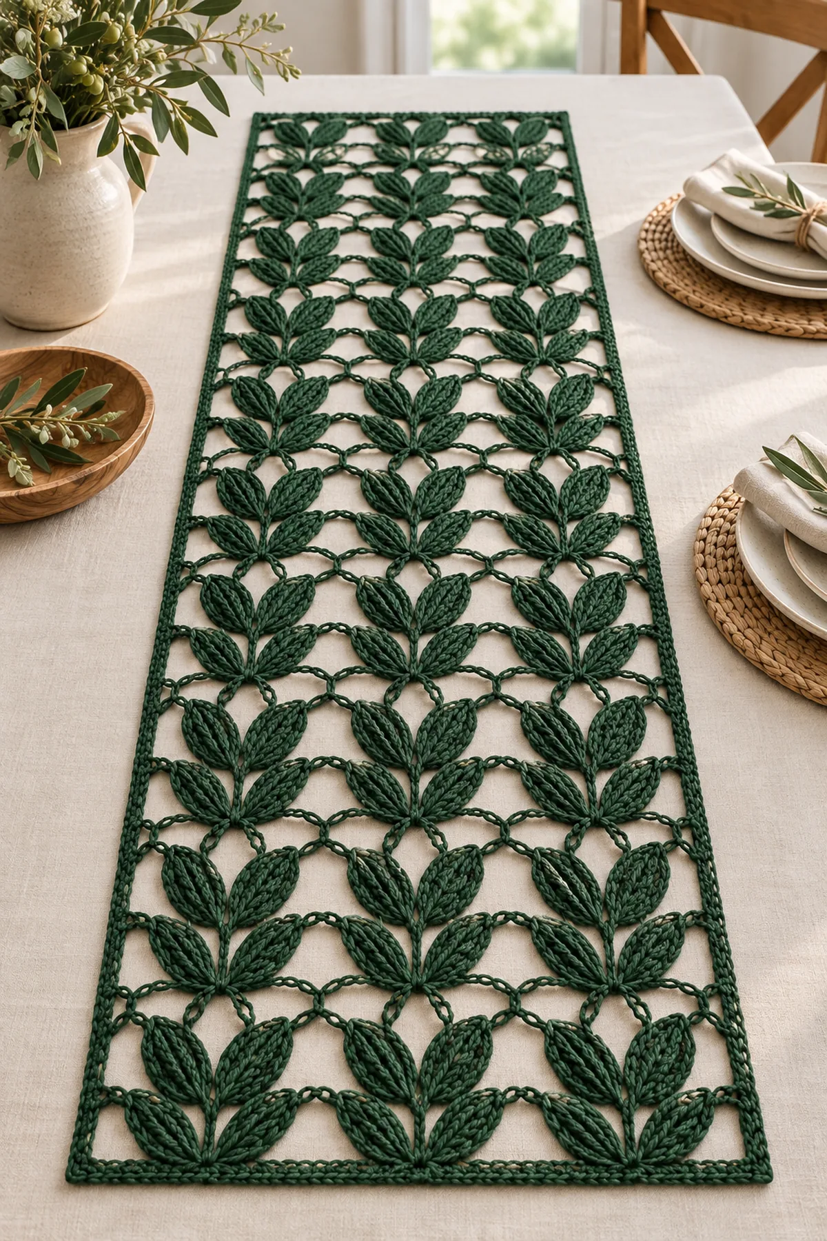Finished deep evergreen crochet leaf lace table runner with four openwork motif columns