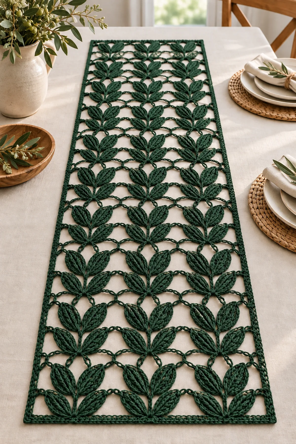Evergreen leaf lace crochet table runner styled on a light neutral dining table
