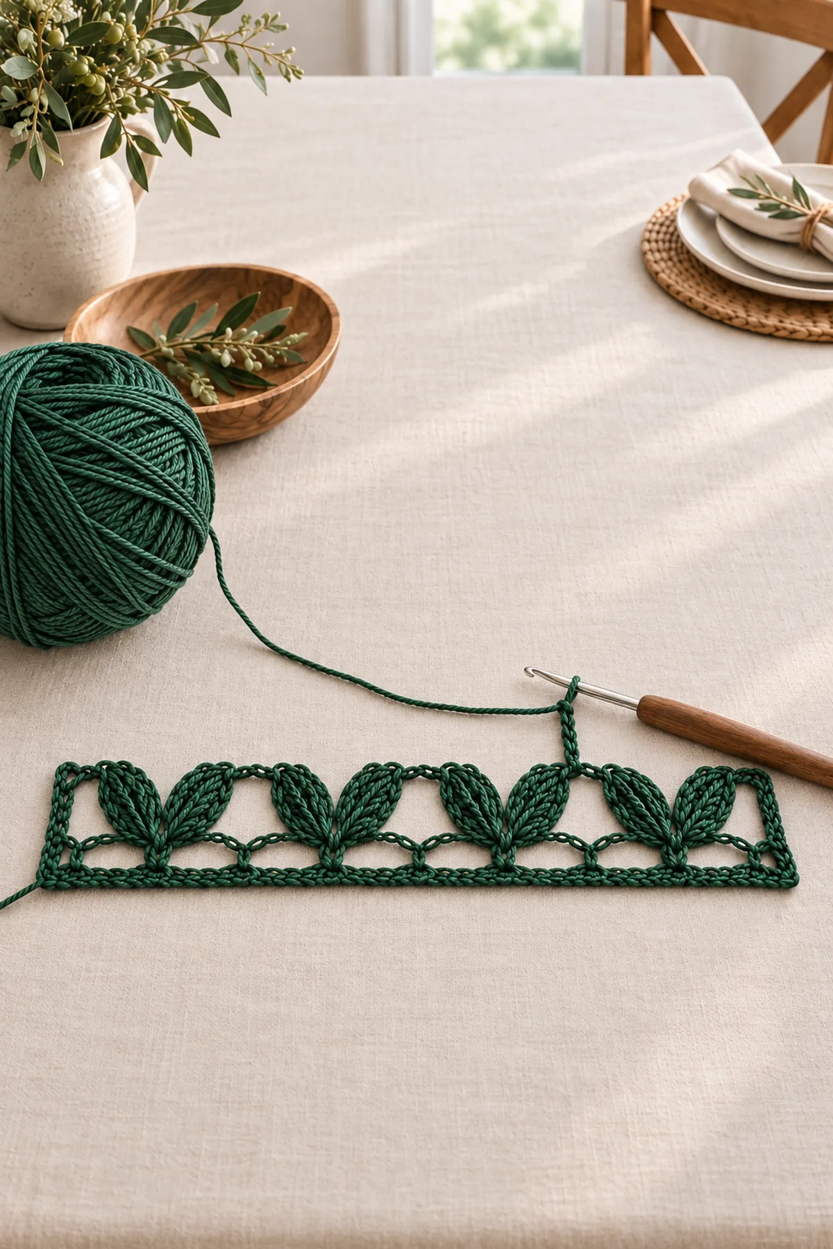 Evergreen 73 stitch runner foundation with first paired leaf clusters in progress