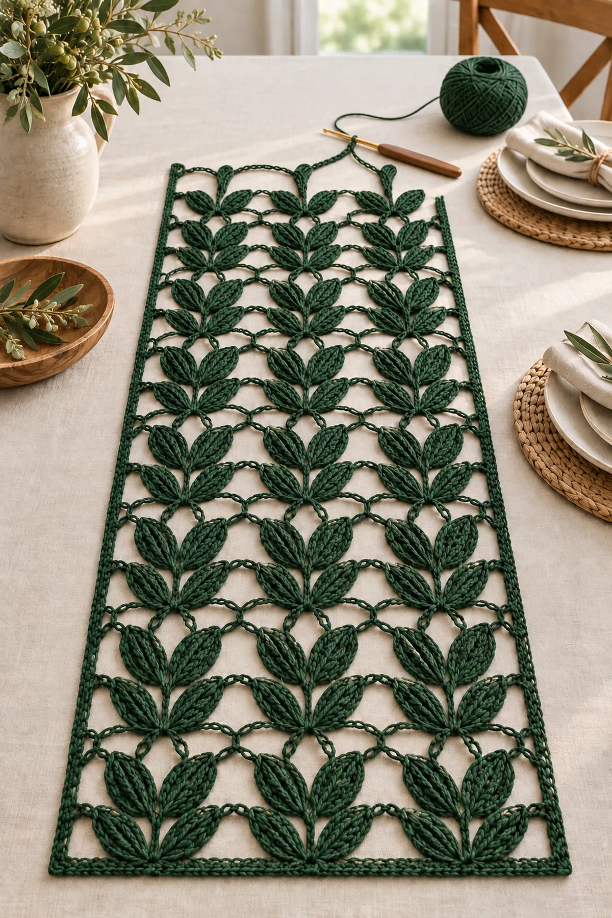 Partly completed evergreen leaf lace runner showing aligned openwork columns