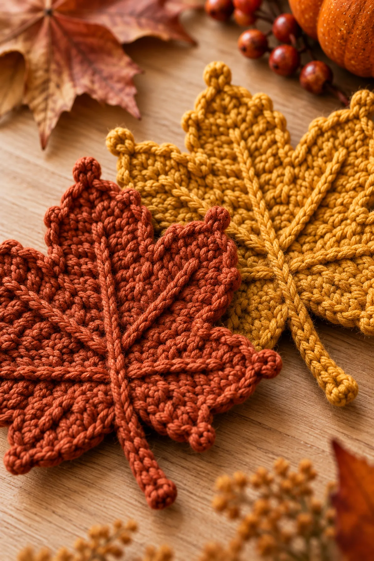Close-up of crochet maple leaf picot points raised vein and stem
