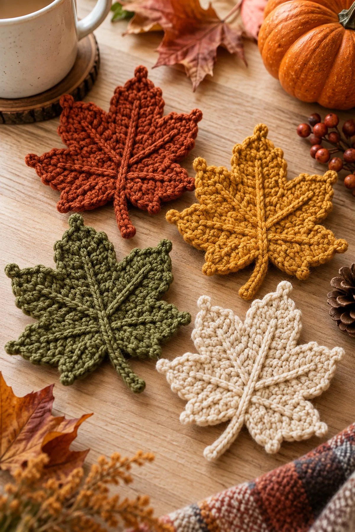 Four finished easy crochet fall leaves in rust mustard olive and cream
