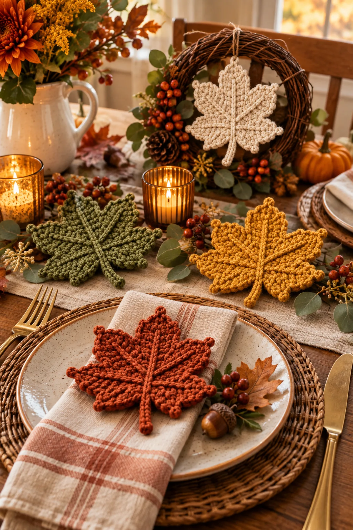 Easy crochet fall leaves styled as cozy autumn table decor