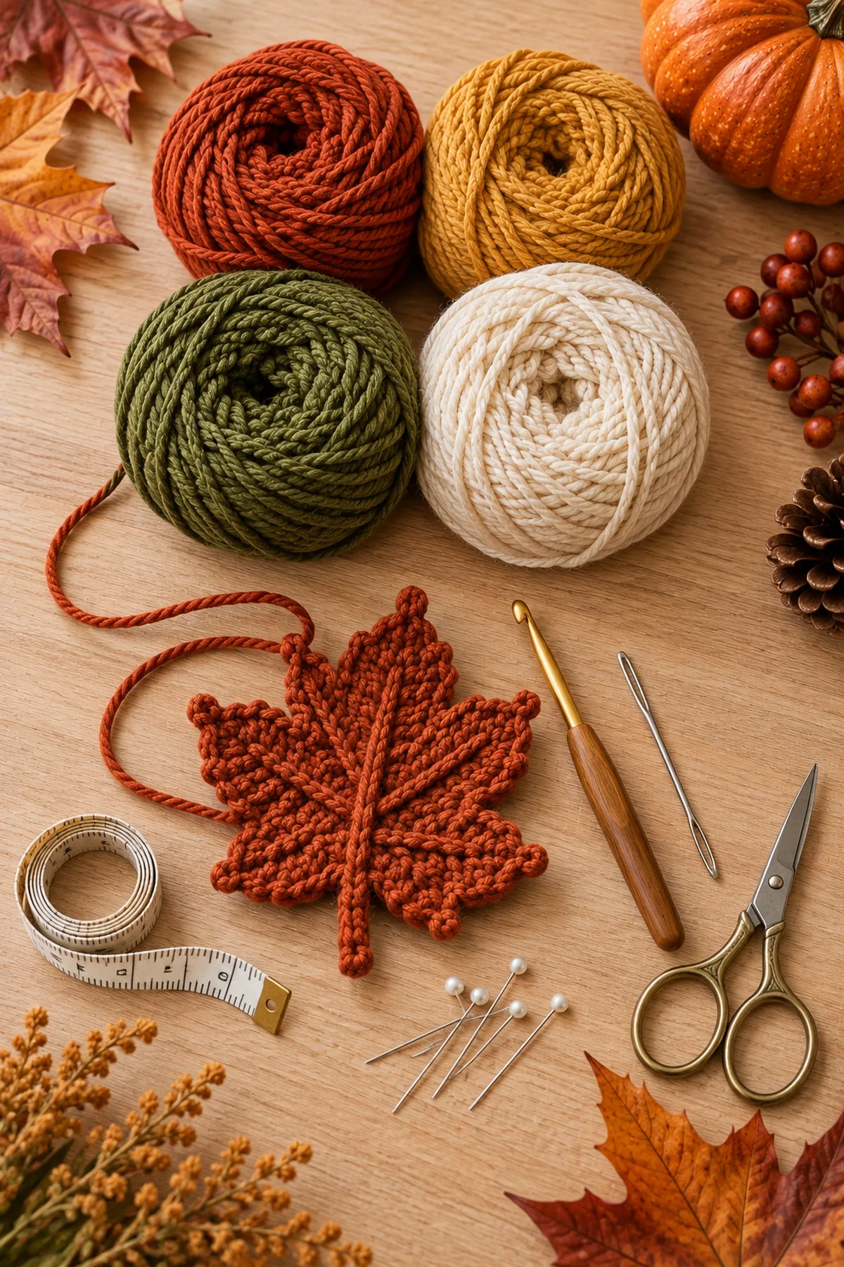 Rust mustard olive and cream worsted yarn with crochet hook needle and scissors