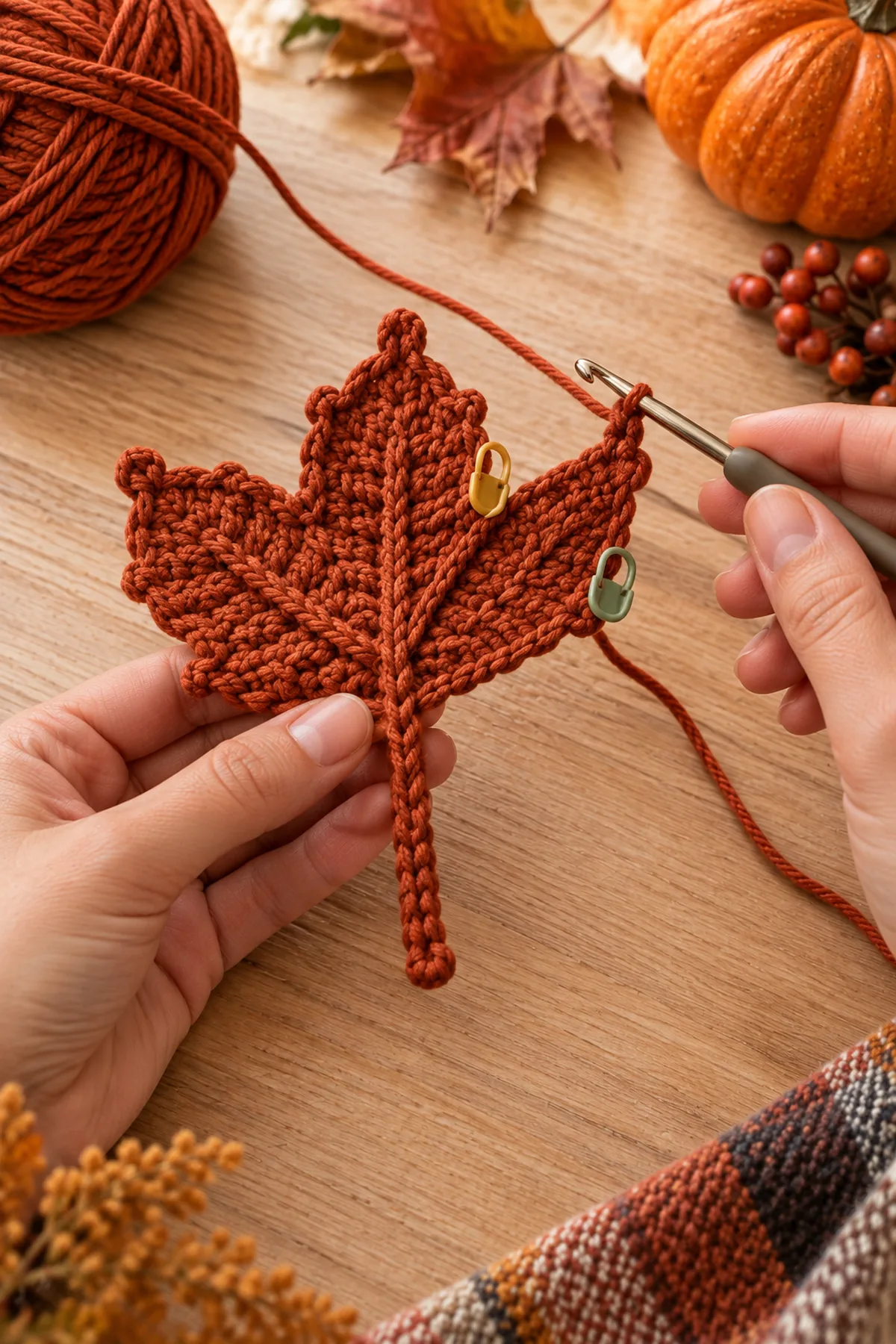 Crochet autumn leaf center spine and first shaped lobes in progress