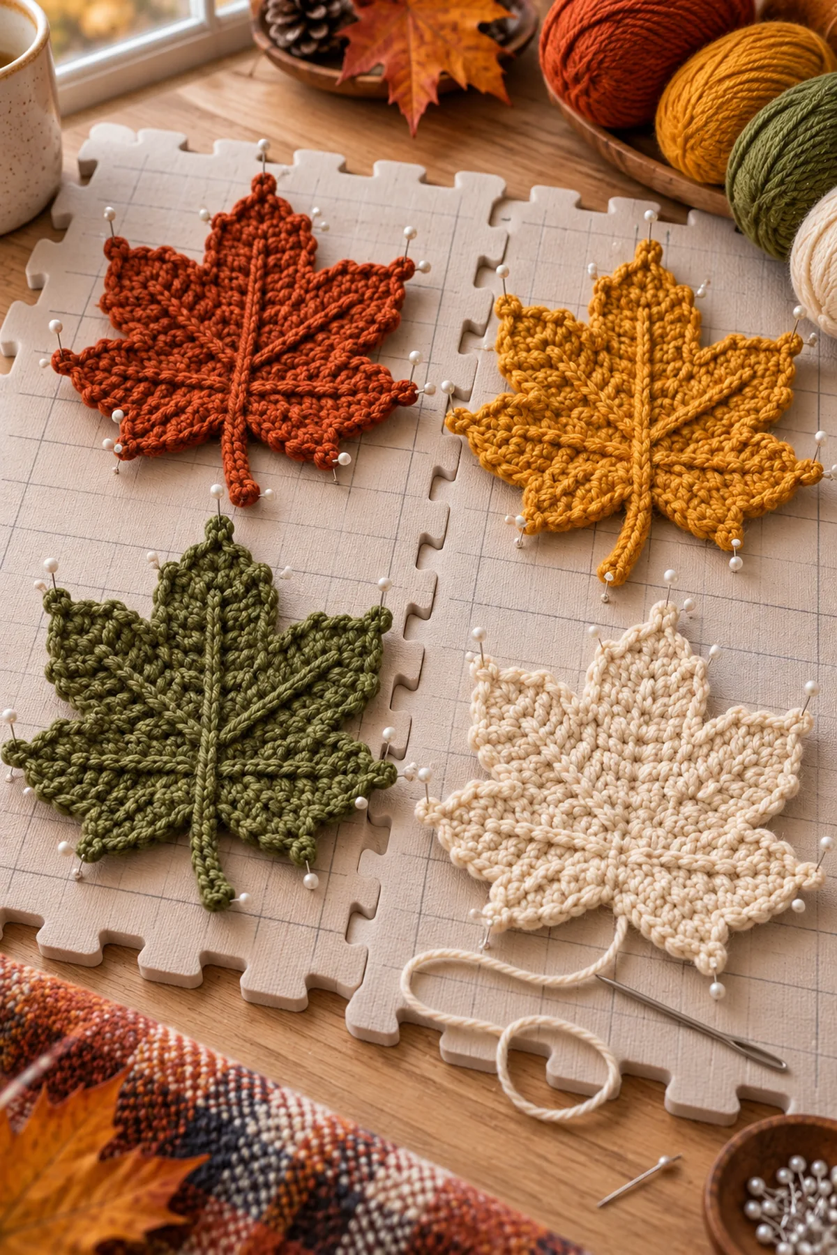 Four maple style crochet leaves pinned open before blocking