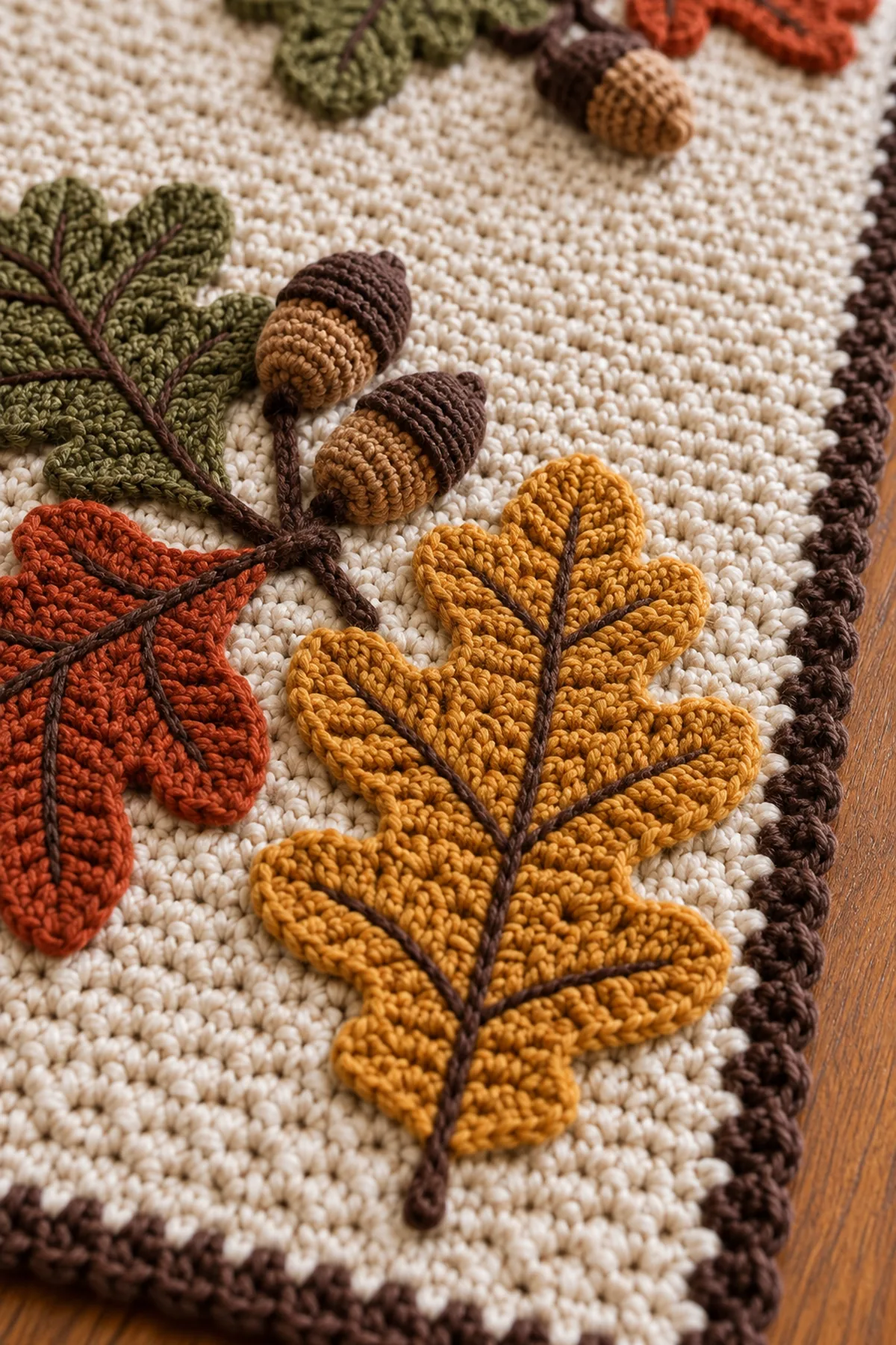 Close-up of dimensional crochet oak leaf lobes tiny acorns and dark reverse crochet edging