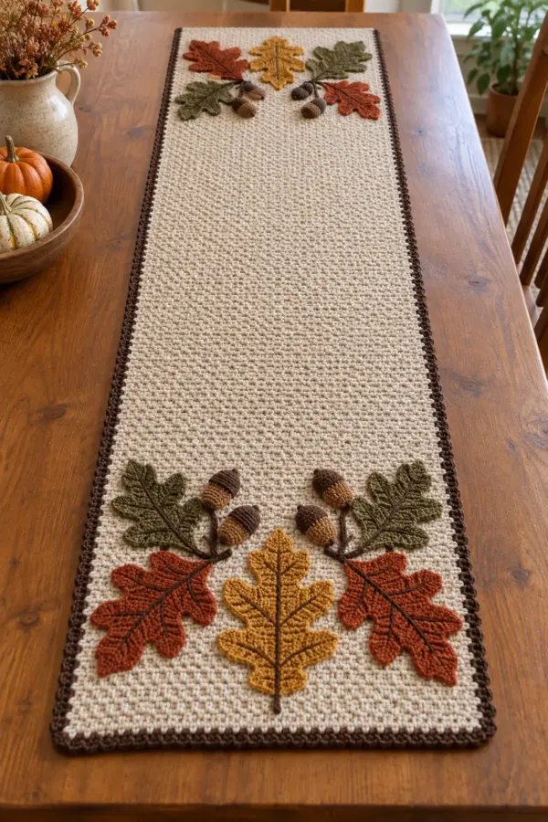 Finished oatmeal linen-stitch table runner with rust gold and olive oak leaves and brown acorns