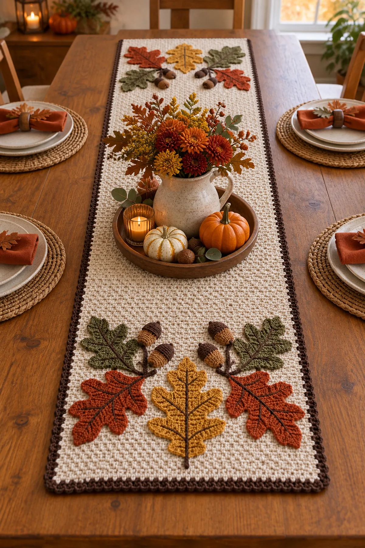 Fall oak leaf crochet table runner styled on a dining table with a clear center
