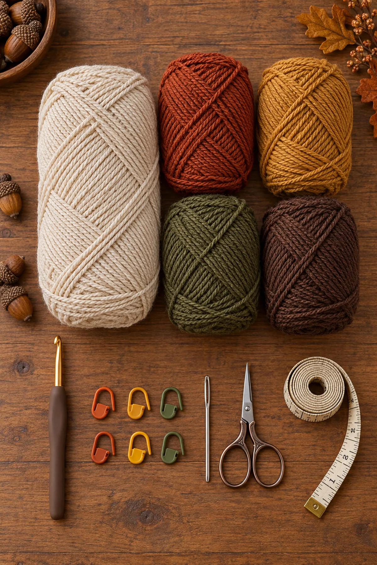 Oatmeal rust gold olive and brown cotton yarn with crochet hook markers needle scissors and tape