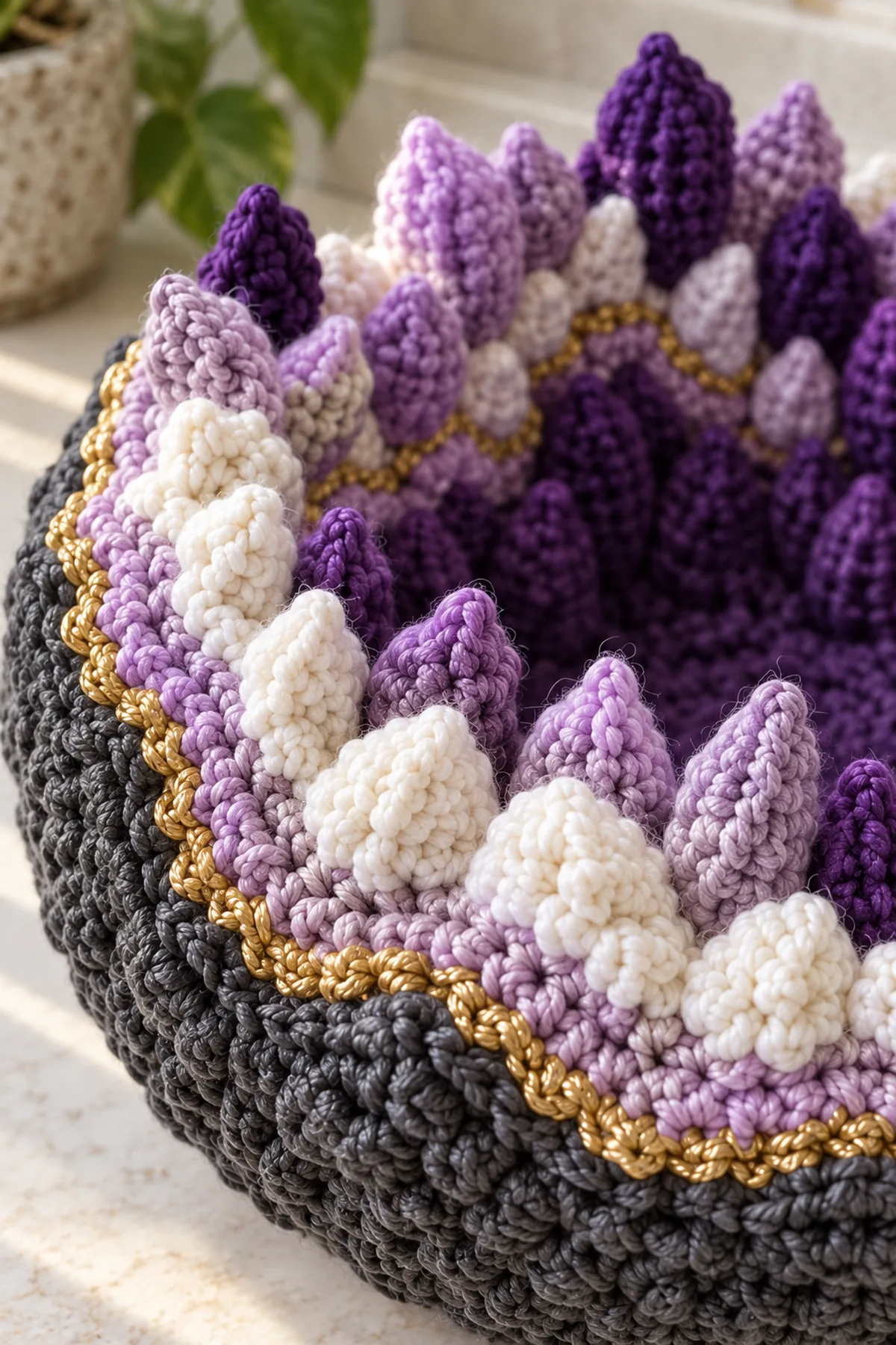Close-up of crochet mineral spike stitches metallic gold veins and padded crystal points