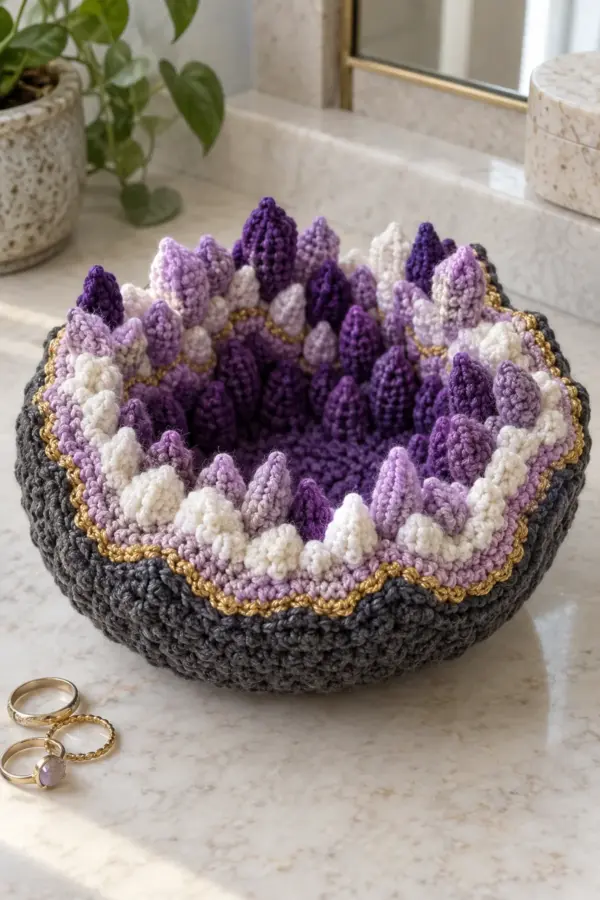 Finished crochet geode crystal trinket bowl with charcoal stone edge amethyst rings gold veins and pointed rim