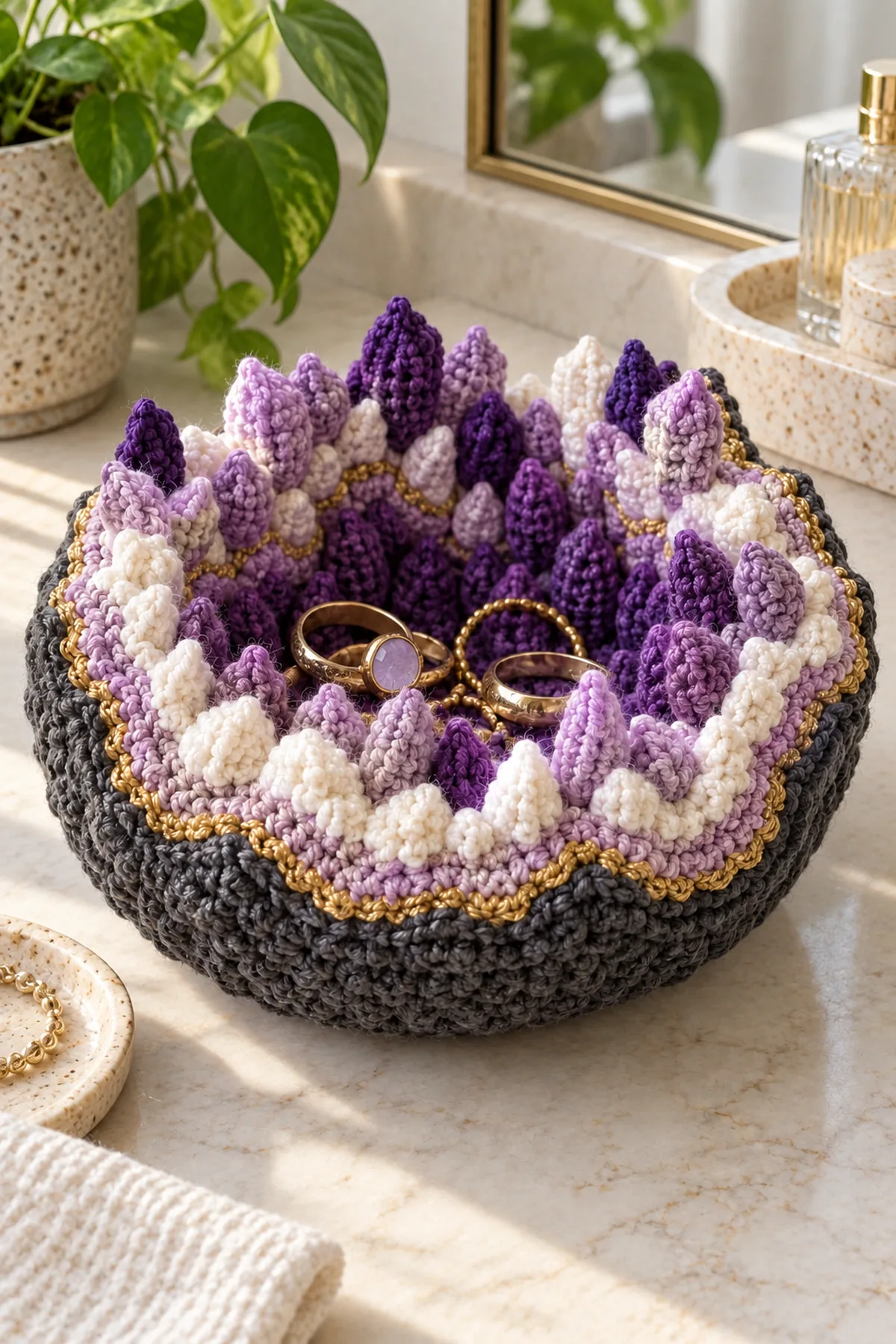Amethyst geode crochet trinket bowl styled with rings on a pale stone vanity