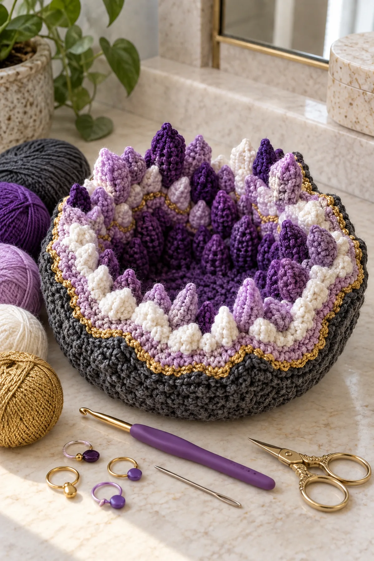 Charcoal amethyst lilac white and metallic gold sport yarn crochet hook stiffener markers needle and scissors