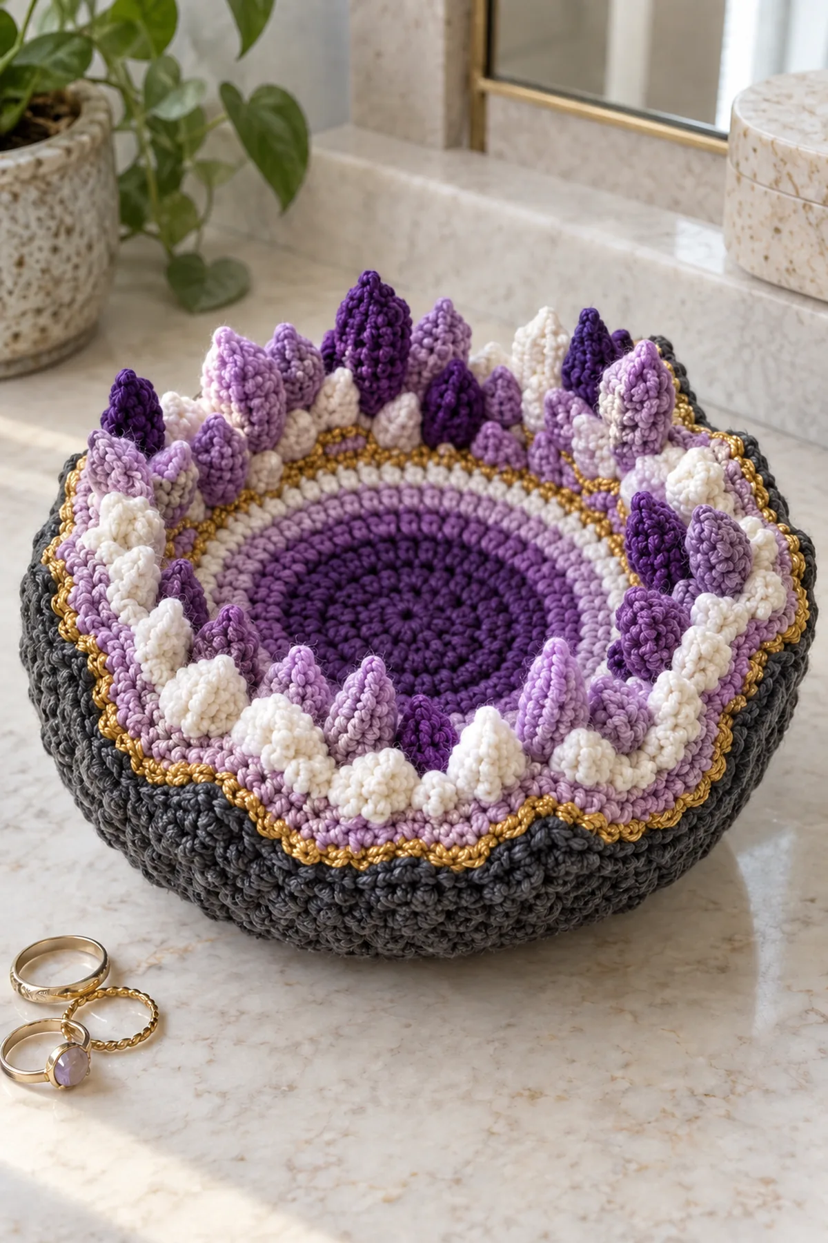 Flat crochet geode base with eight stitch center and concentric purple white and gold bands