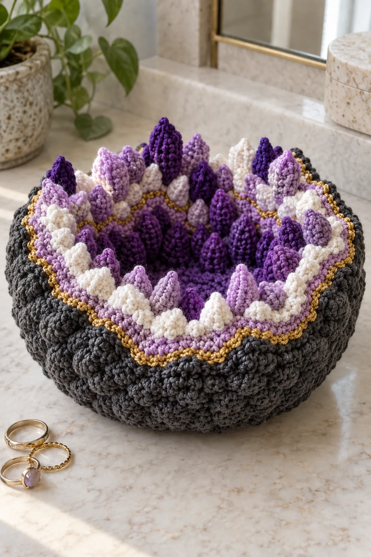 Geode trinket bowl with charcoal sides rising before the crystal picot rim