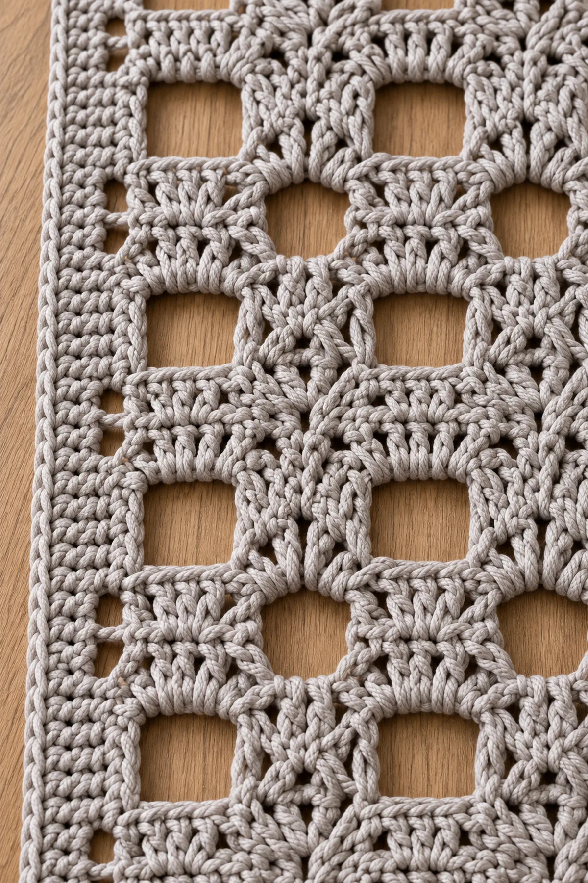 Close-up of crossed double crochet bars open squares arch diamonds and straight border