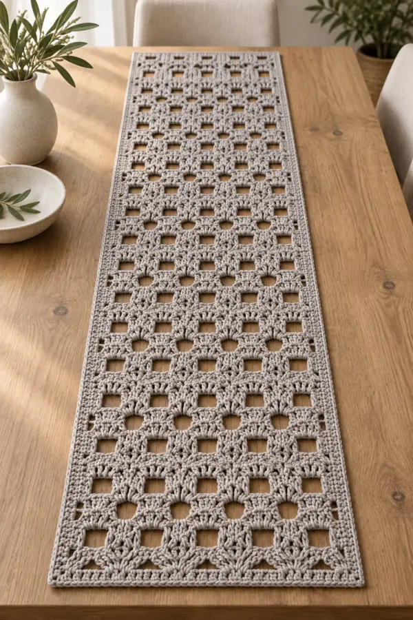 Finished stone gray geometric openwork crochet lace table runner with square windows and diamond arches