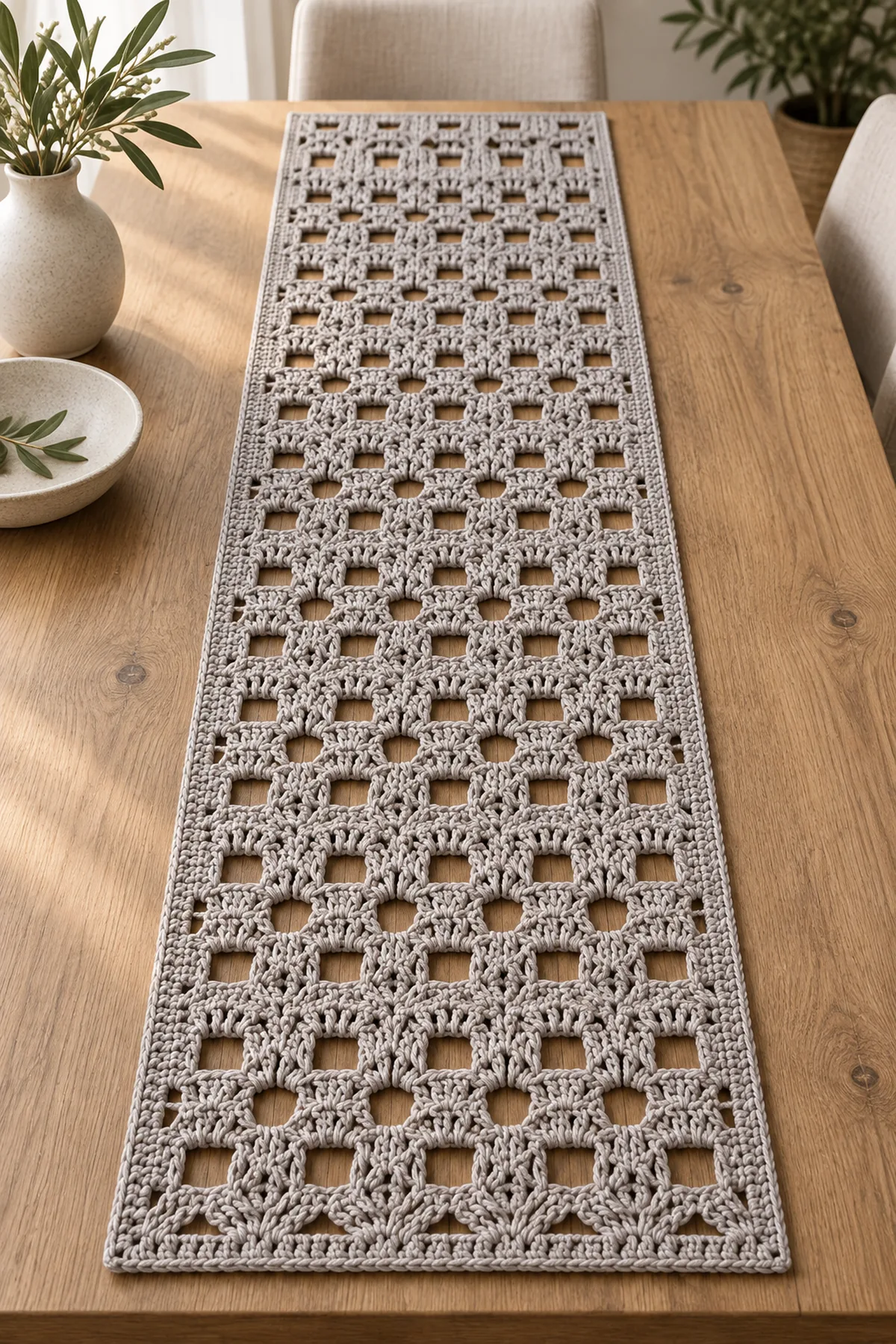 Finished stone gray geometric openwork crochet lace table runner with square windows and diamond arches