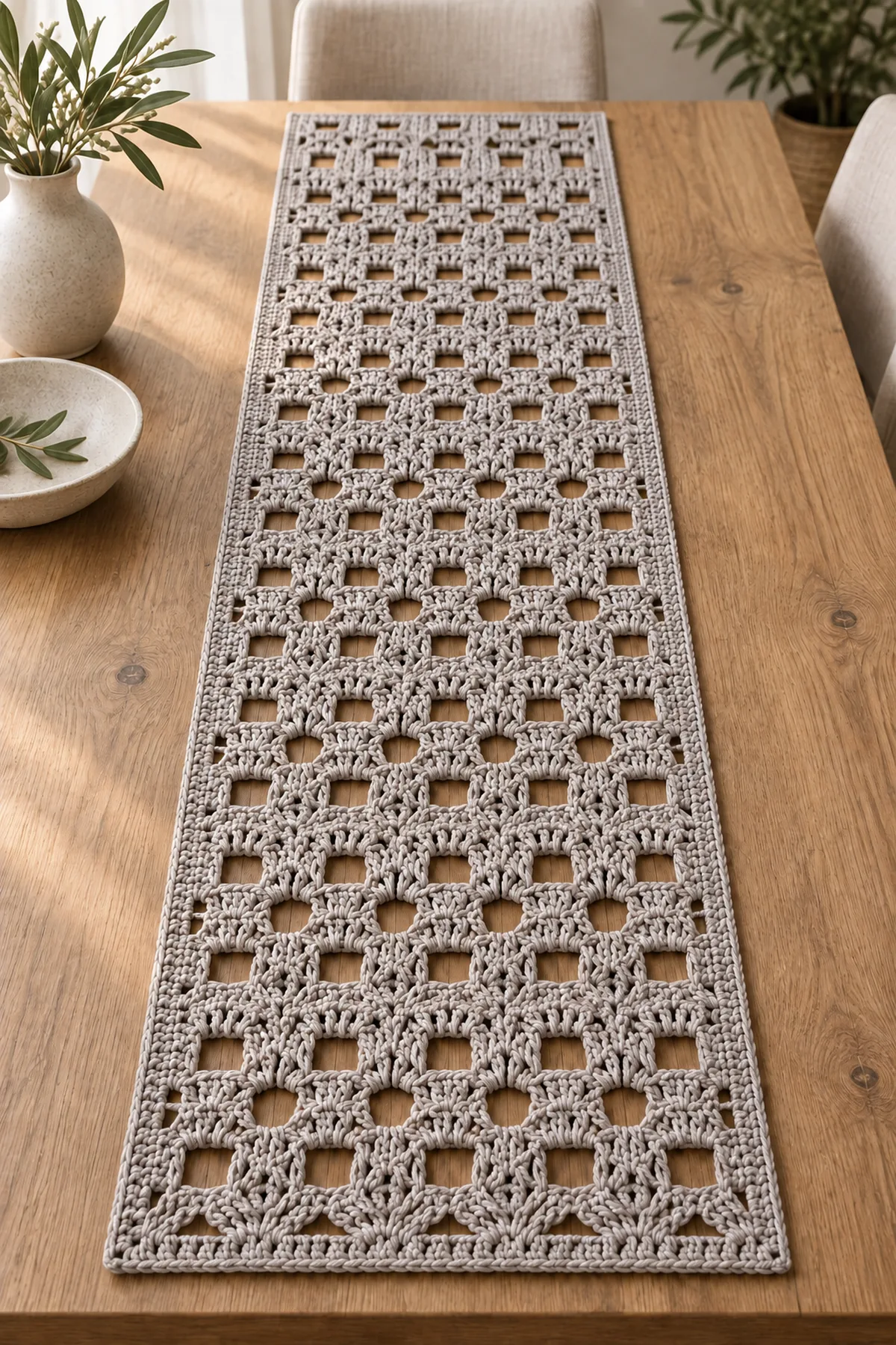Geometric openwork lace crochet table runner styled on a contemporary oak table