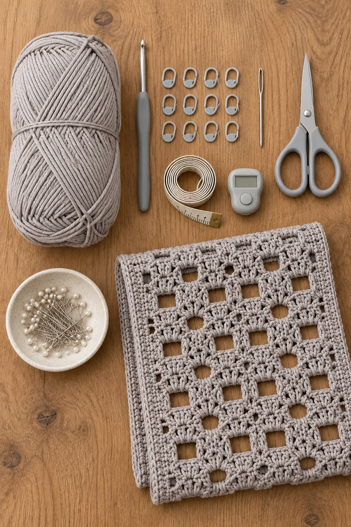 Stone gray DK cotton crochet hook markers needle scissors row counter and blocking pins