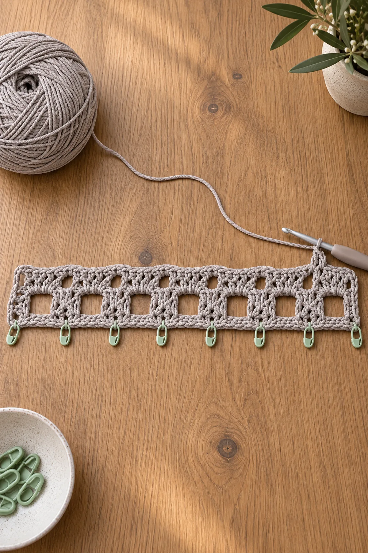 Stone gray 79 stitch lace foundation with first square window row in progress