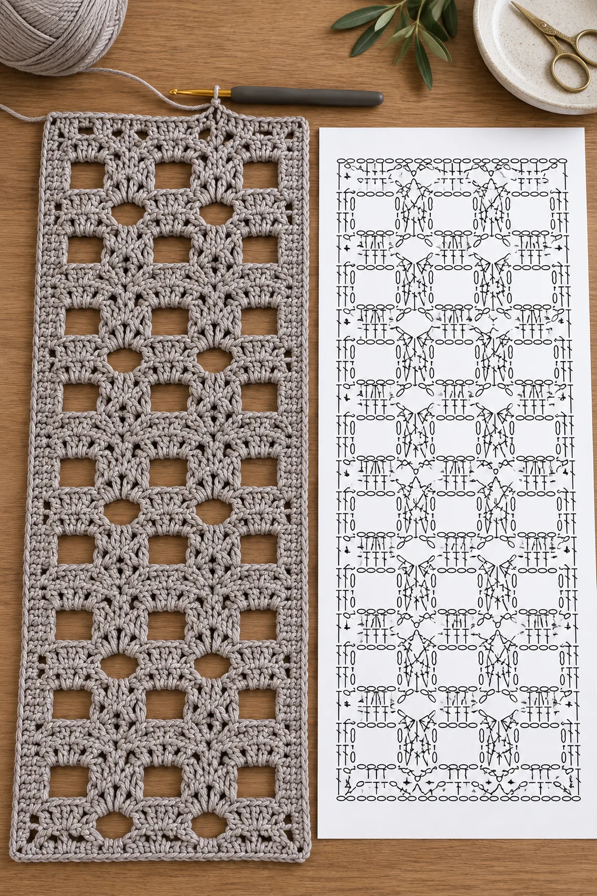 Partly completed geometric runner beside an original square and diamond chart guide