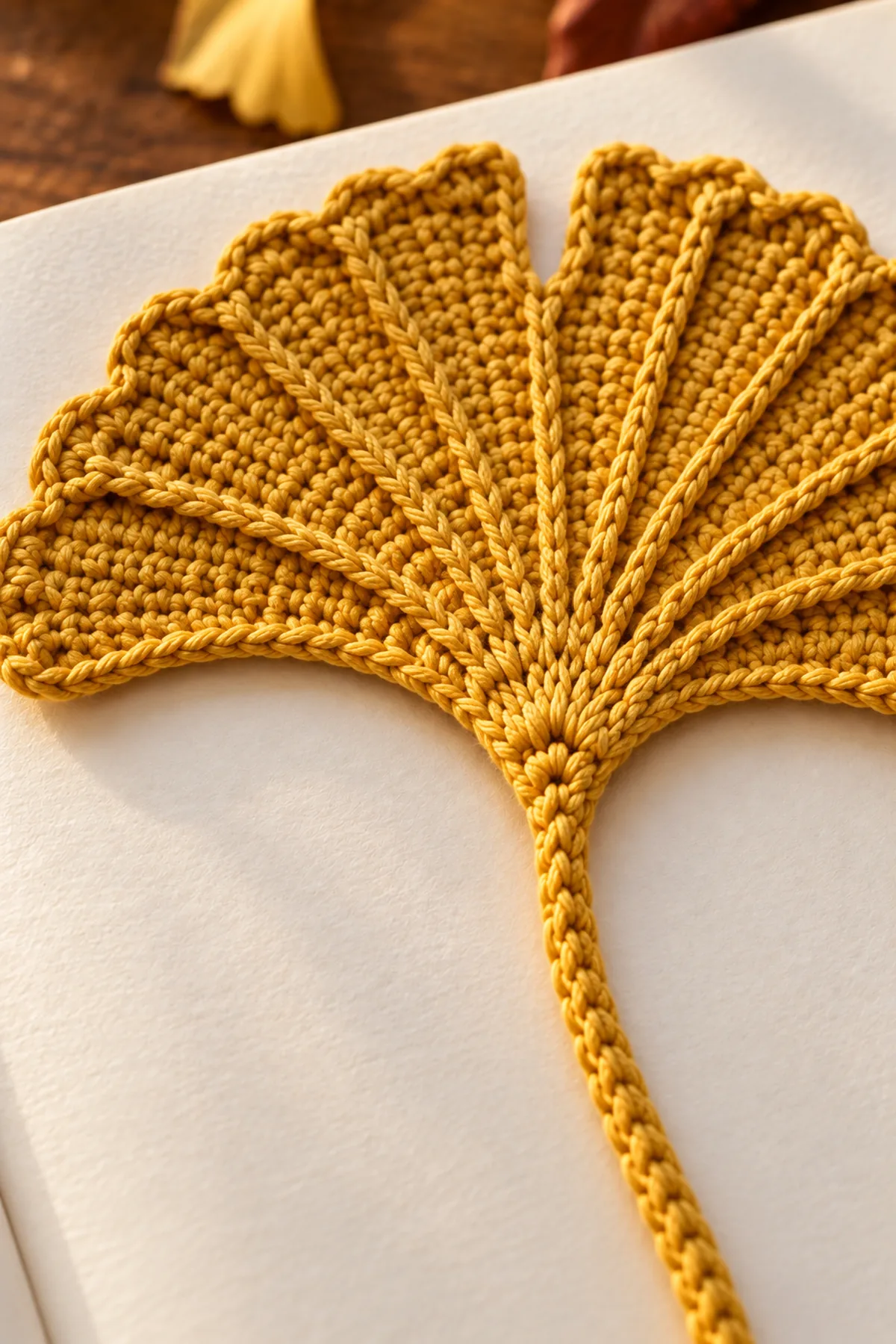 Close-up of ginkgo fan scallops raised veins and reinforced cord join