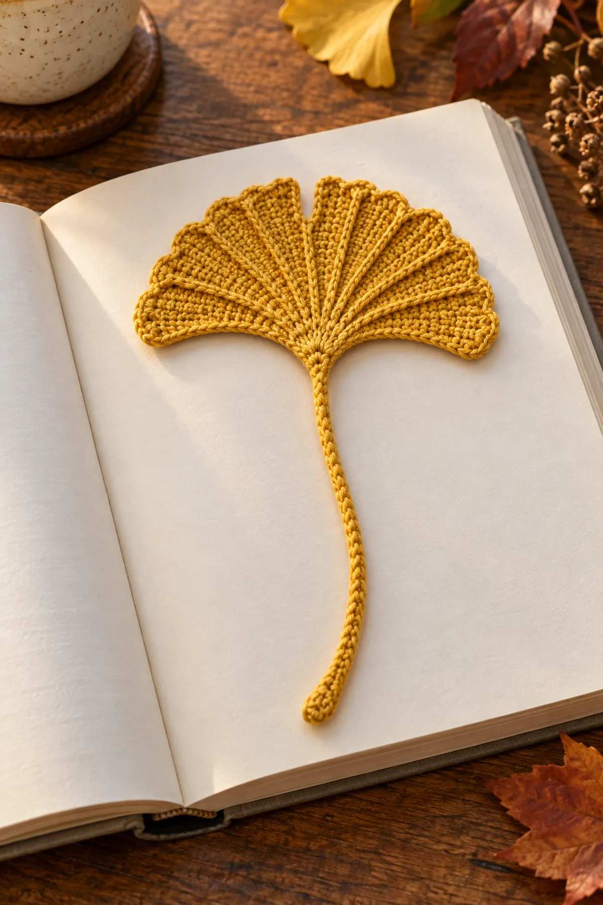 Finished mustard crochet ginkgo leaf bookmark with pleated fan and long stem cord