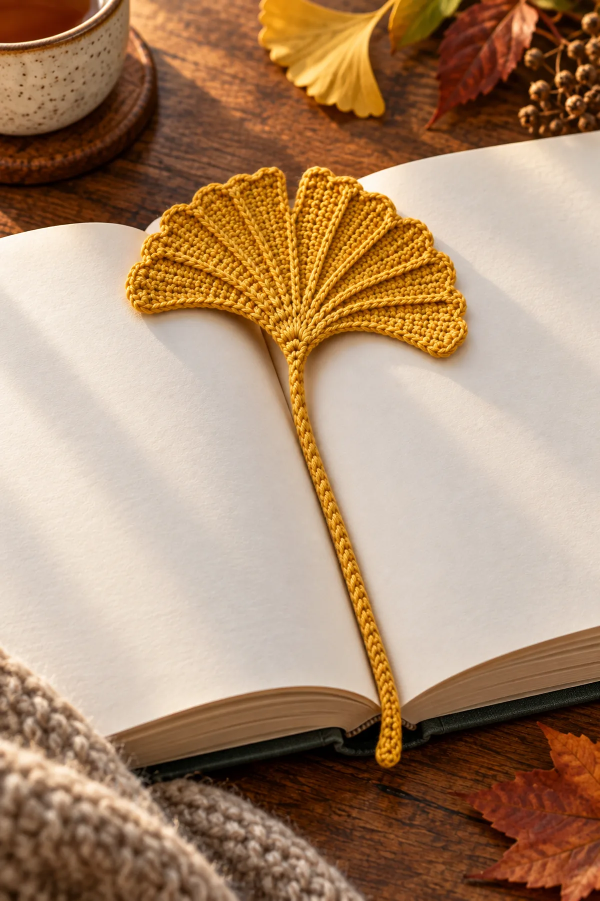 Crochet ginkgo leaf bookmark resting inside an open autumn reading book