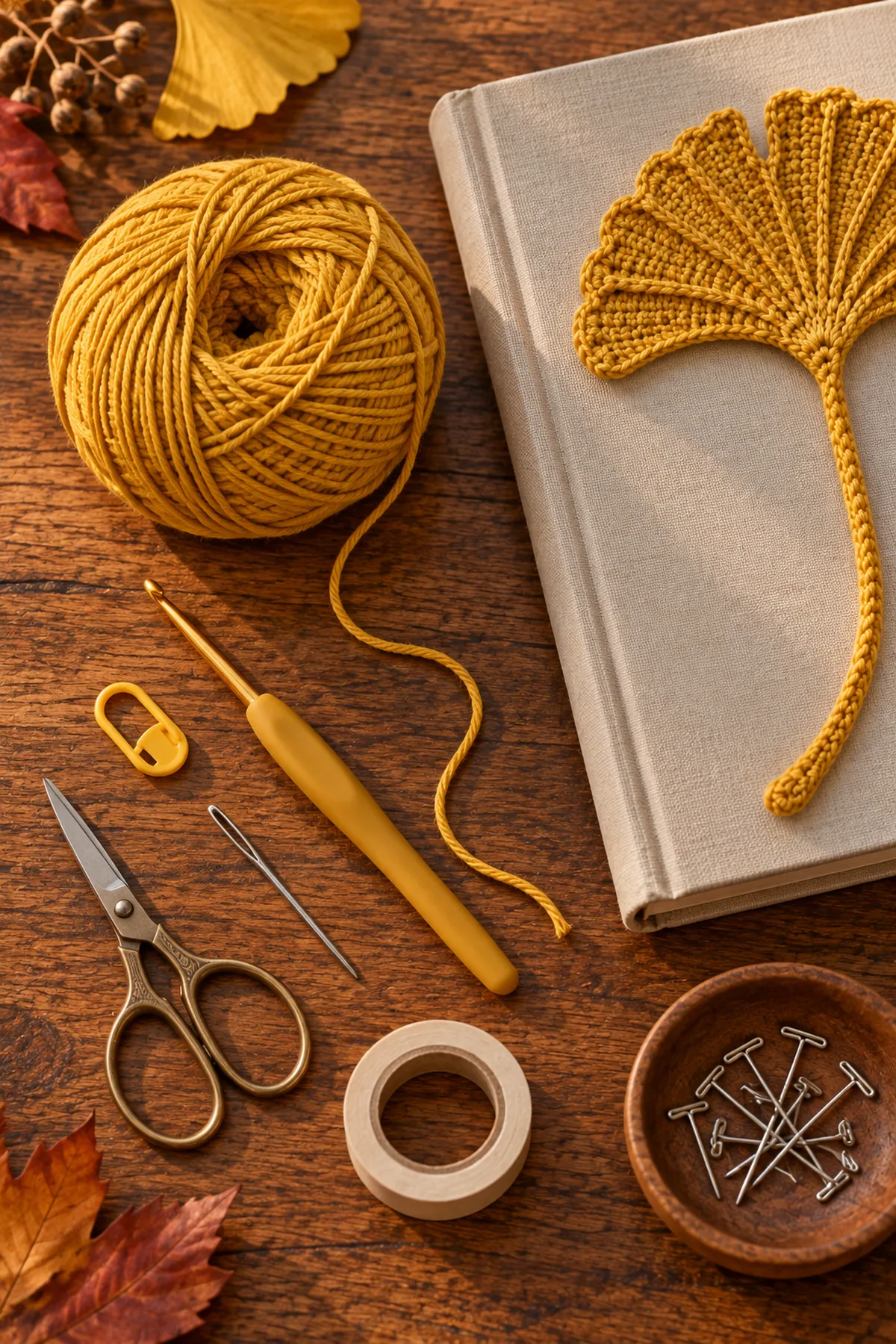 Mustard DK cotton yarn crochet hook marker needle scissors and blocking pins