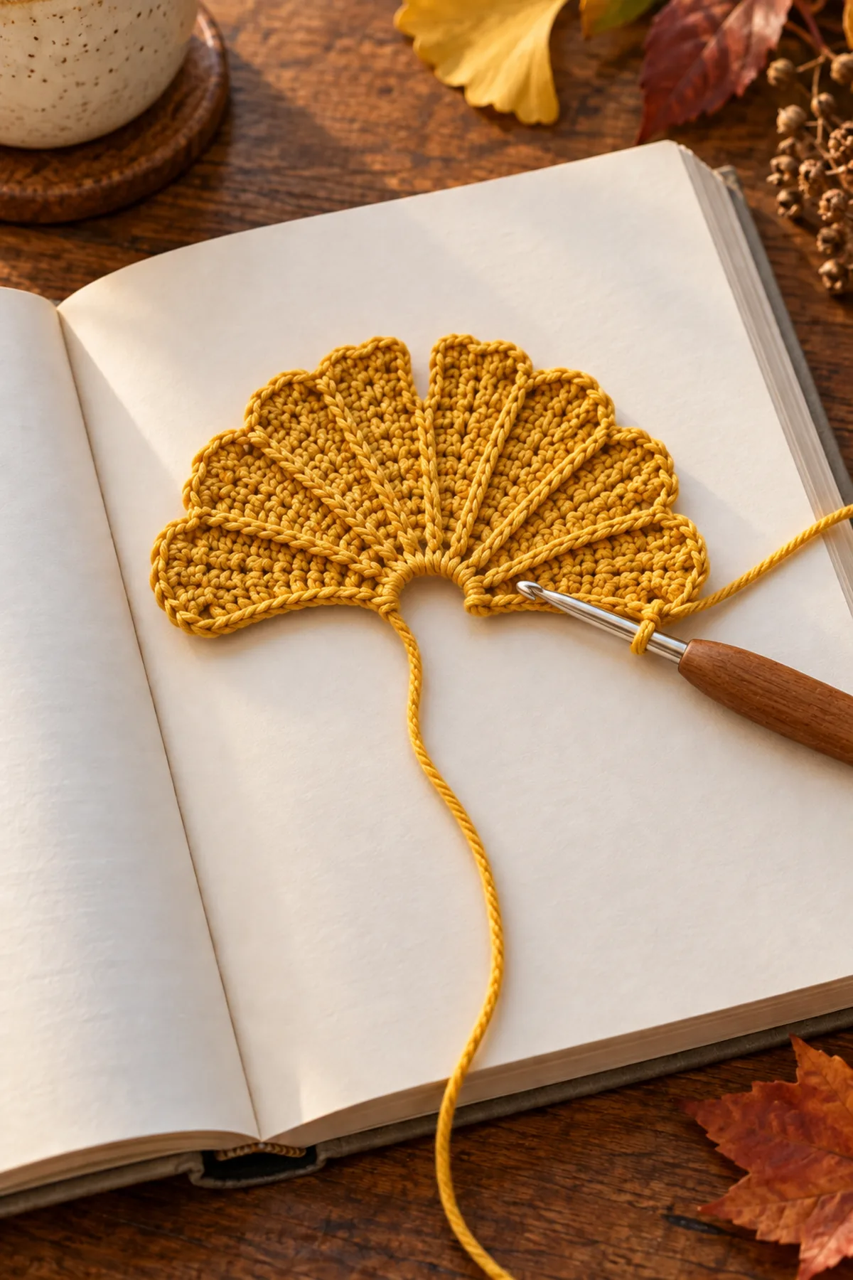 Semicircular mustard crochet ginkgo fan after the first two rounds
