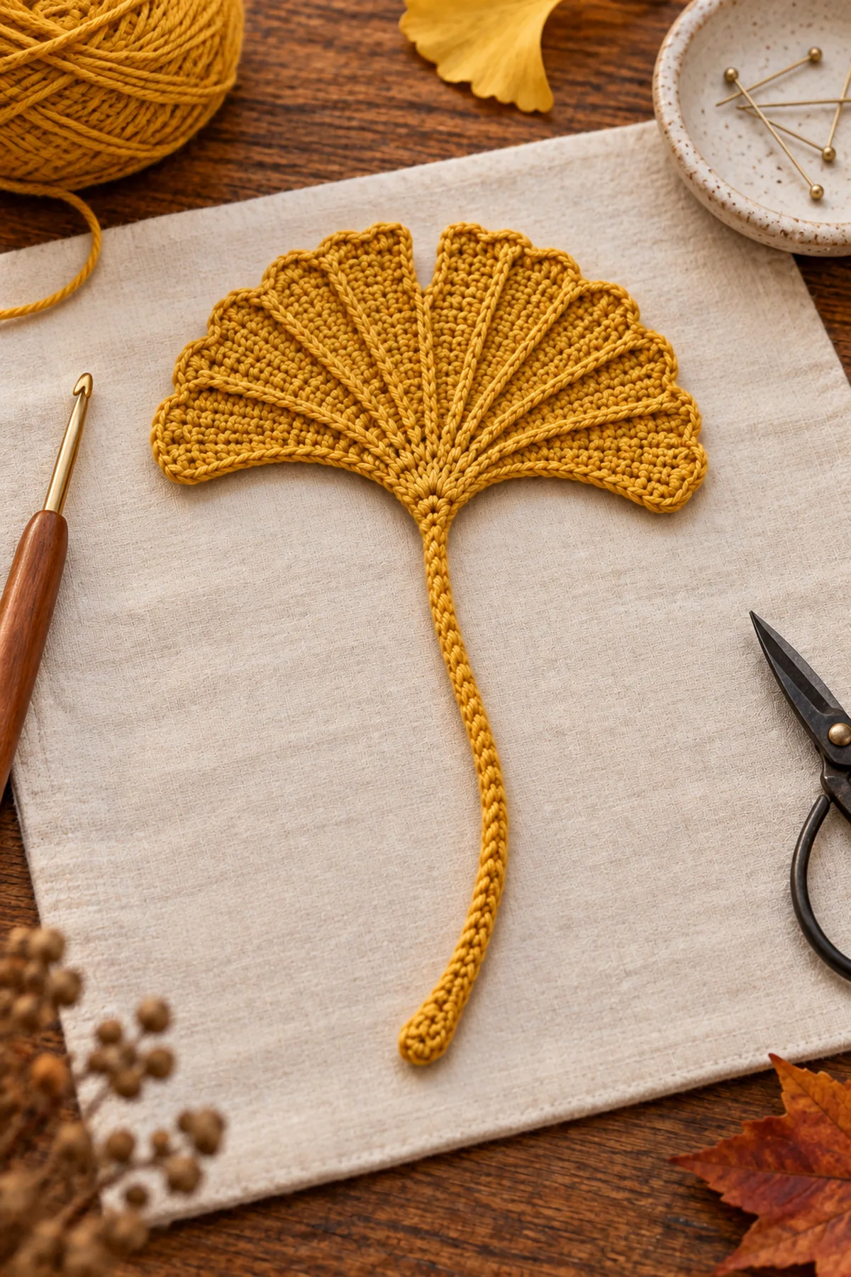 Ginkgo leaf fan with center cleft and seven marked surface crochet veins