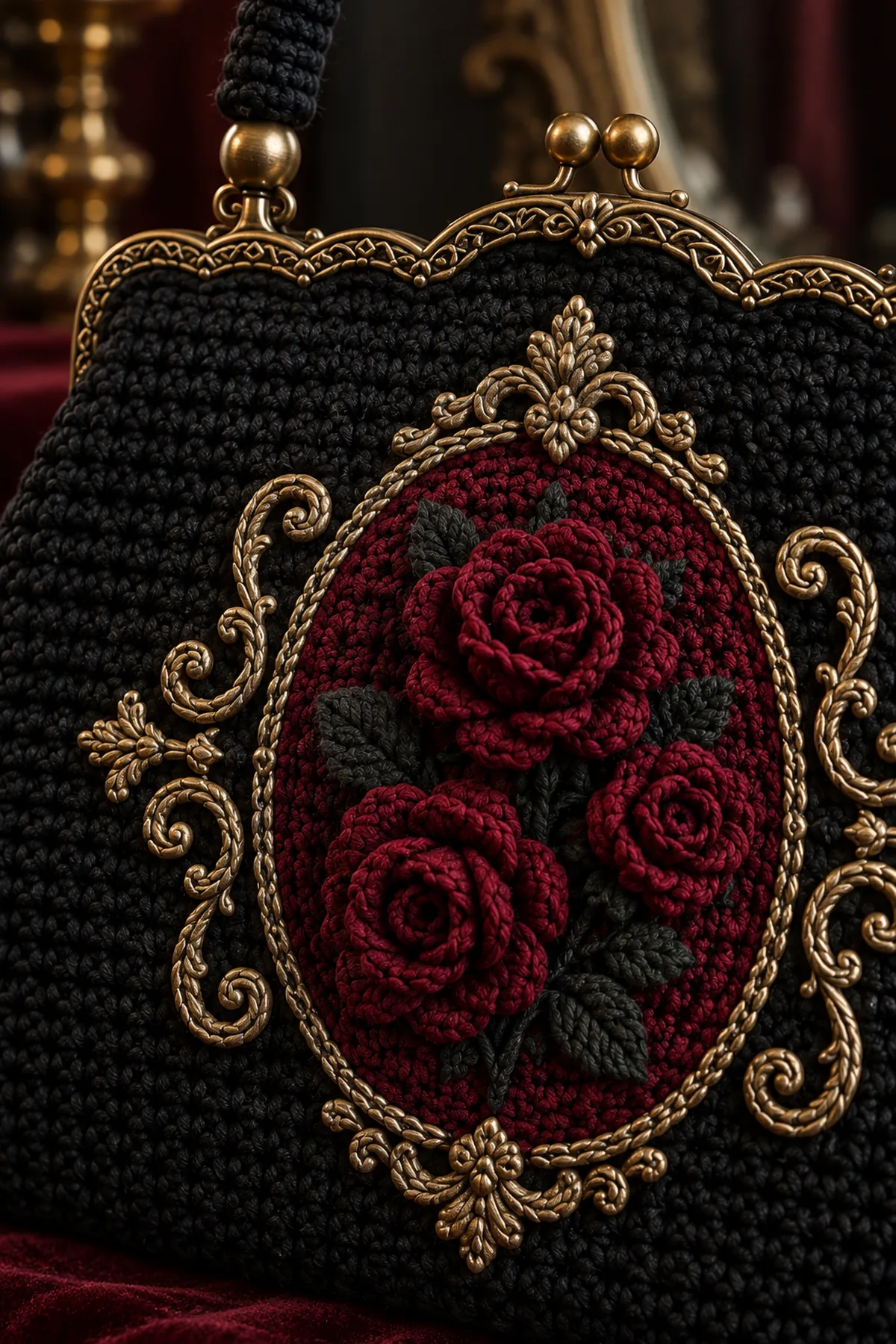 Close-up of raised crochet roses antique gold scrollwork scalloped edge and wrapped black handle