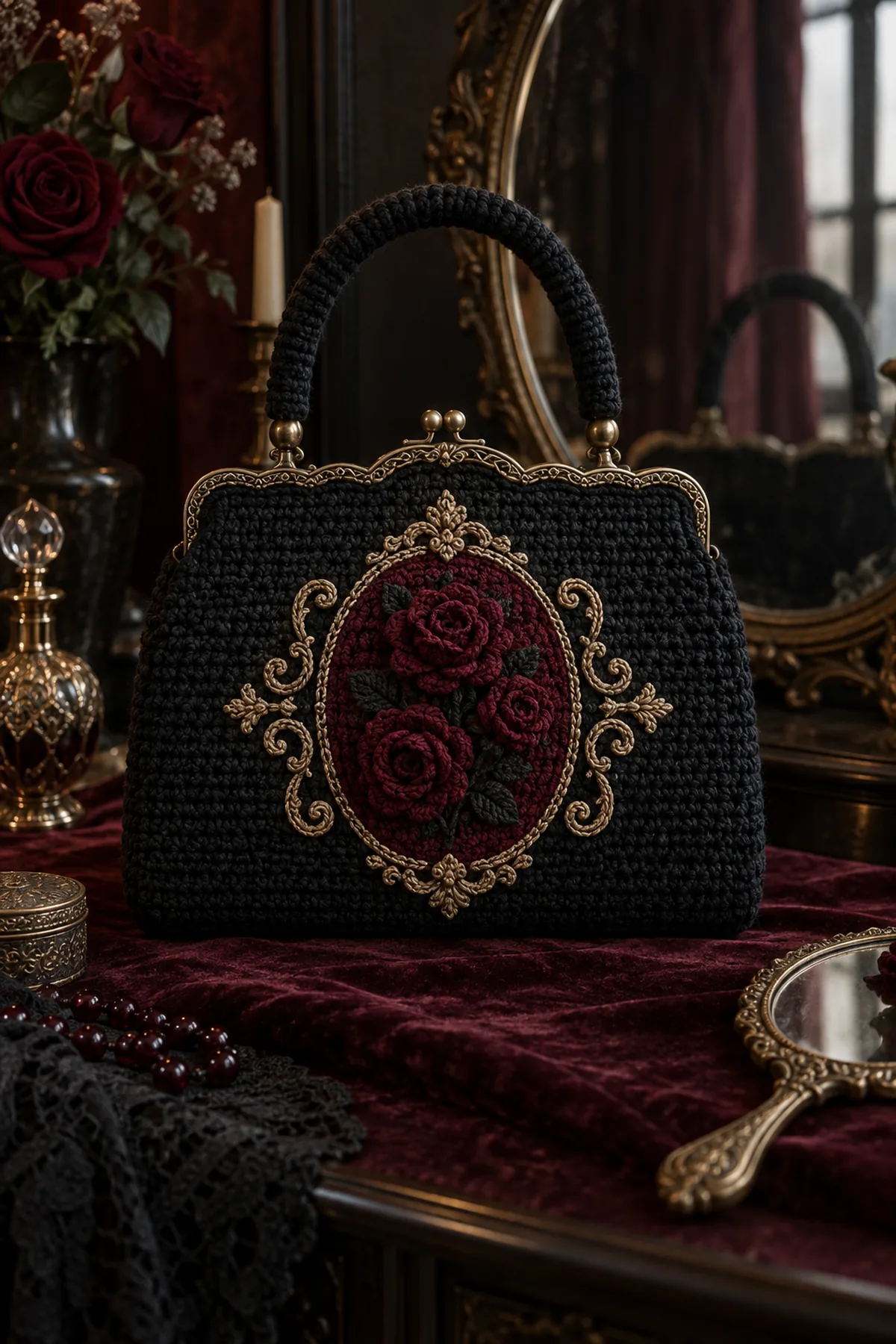 Finished crochet Gothic rose cameo handbag in black burgundy wine red and antique gold